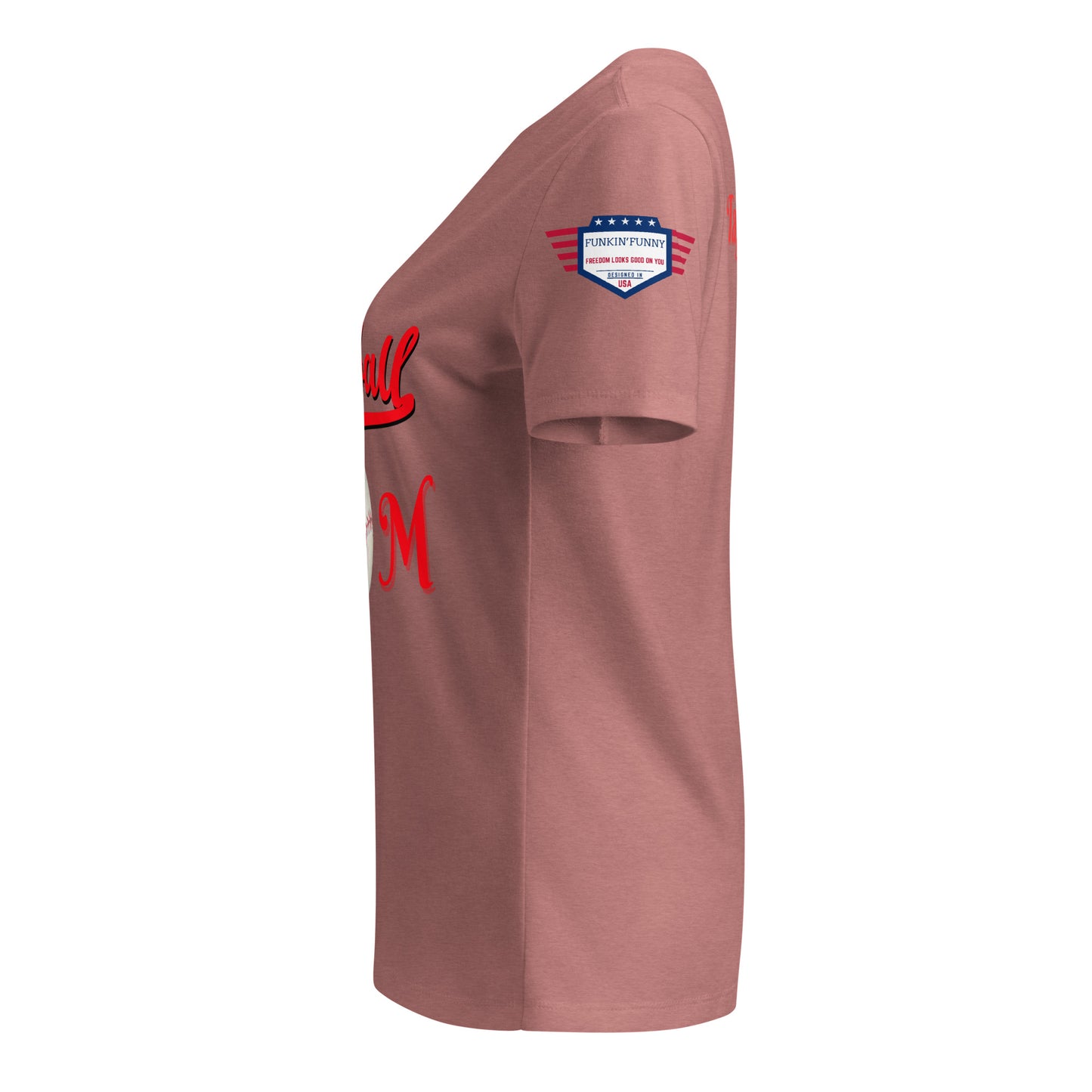 Right side view of mauve v-neck tee, flag sleeve patch and hint of red "Baseball" curve
