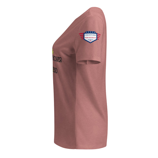 Right side view of heather mauve v-neck tee showing partial "Shower with a Friend" text and USA sleeve patch