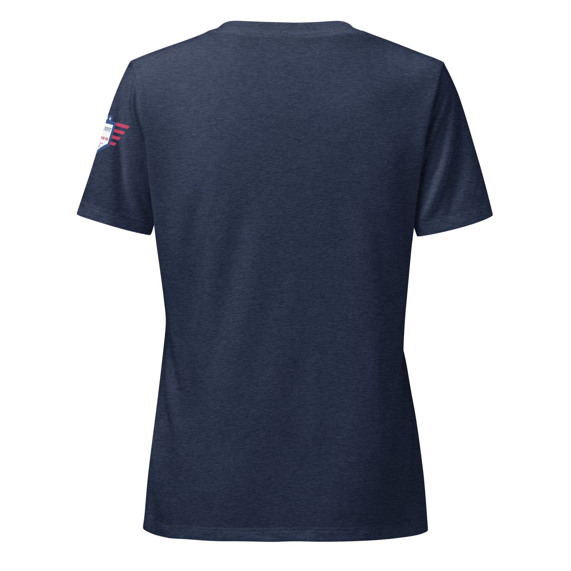 Back view of heather navy v-neck t-shirt, plain with flag patches on both shoulders