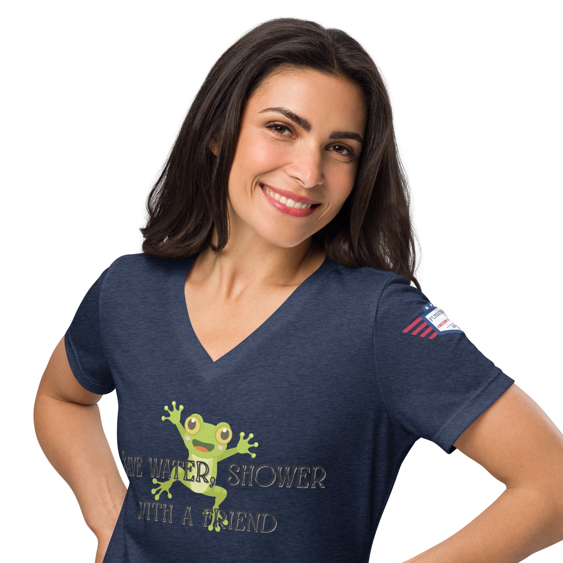 Smiling woman models front of heather navy v-neck tee with green frog and full "Save Water, Shower with a Friend" text