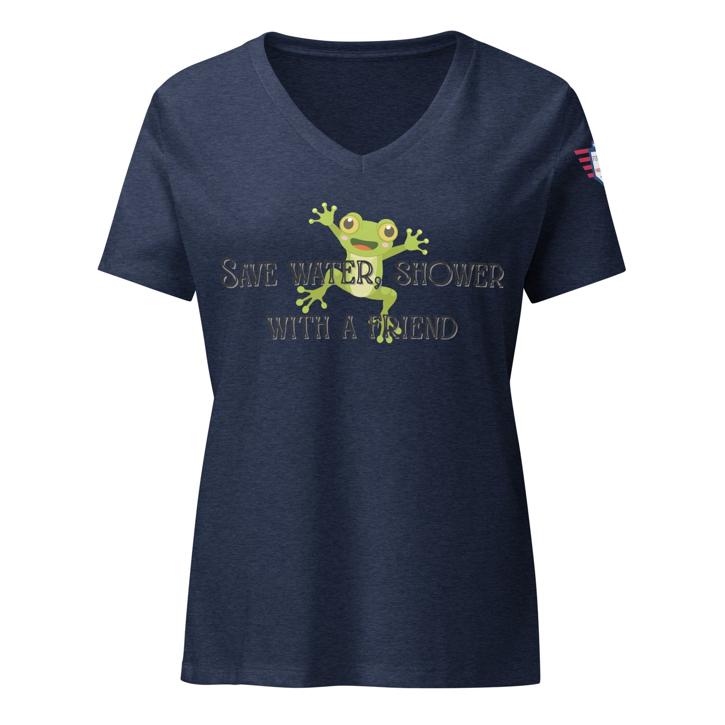 Front view of heather navy v-neck tee with green waving frog and "Save Water, Shower with a Friend" text