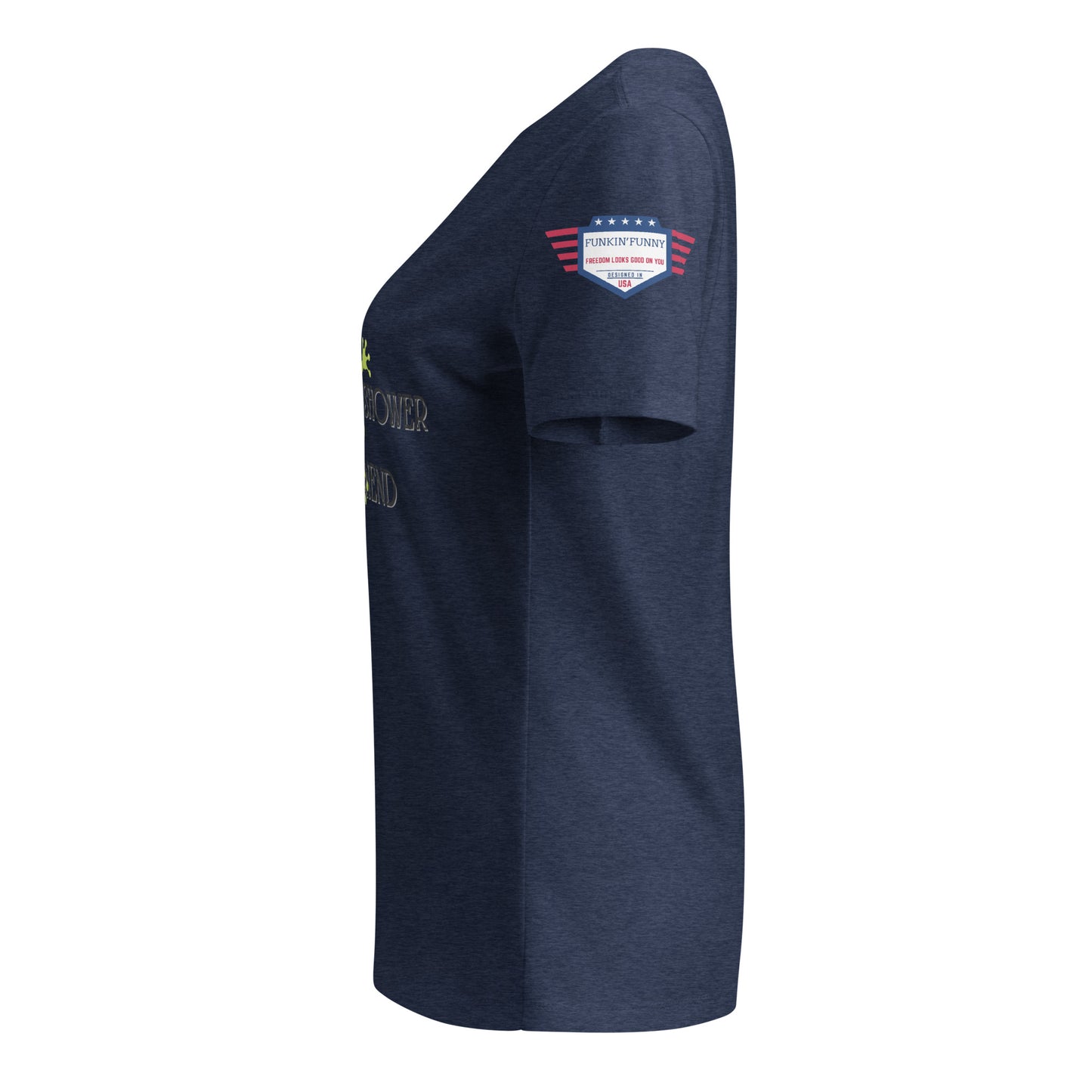 Right side view of heather navy v-neck tee showing partial "Shower" text and USA sleeve patch