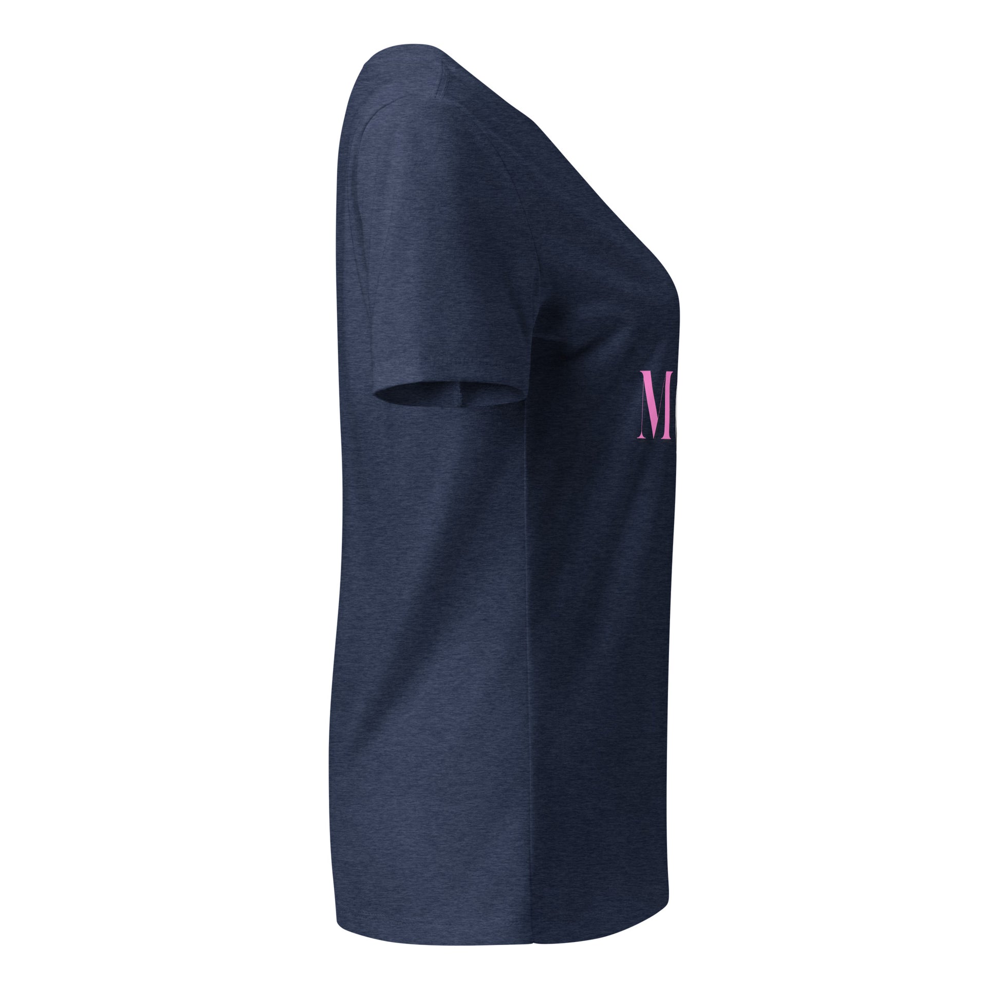 Left side view of heather navy v-neck t-shirt, relaxed fit short sleeves, smooth side seams