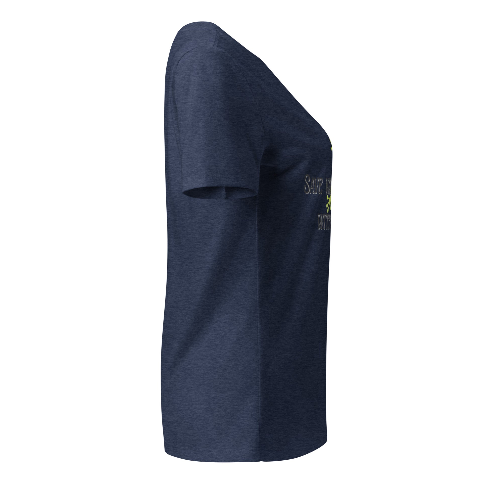 Left side view of heather navy v-neck tee with partial "Save Water" text and side seams