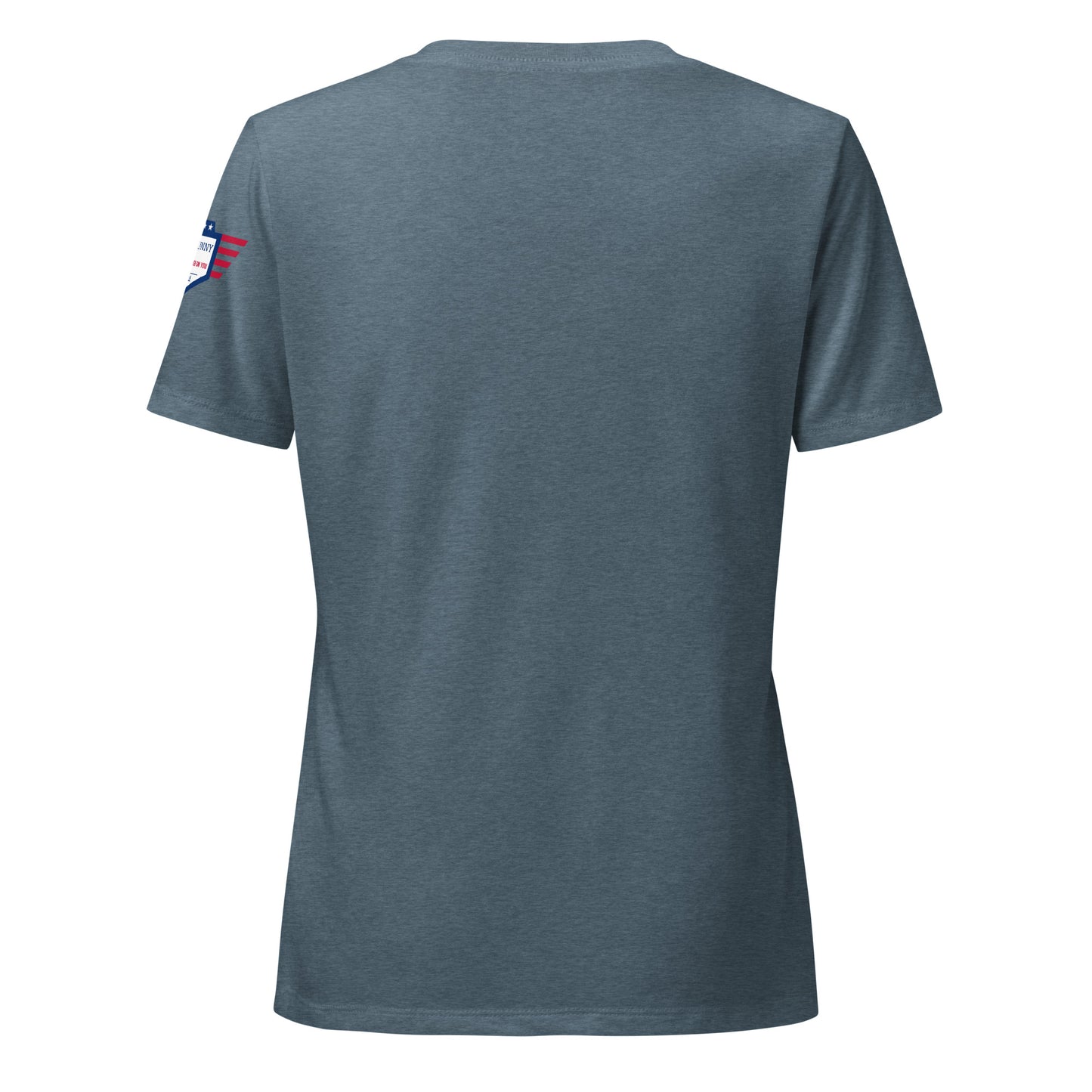 Back view of heather slate v-neck t-shirt, clean with USA flag sleeve patch