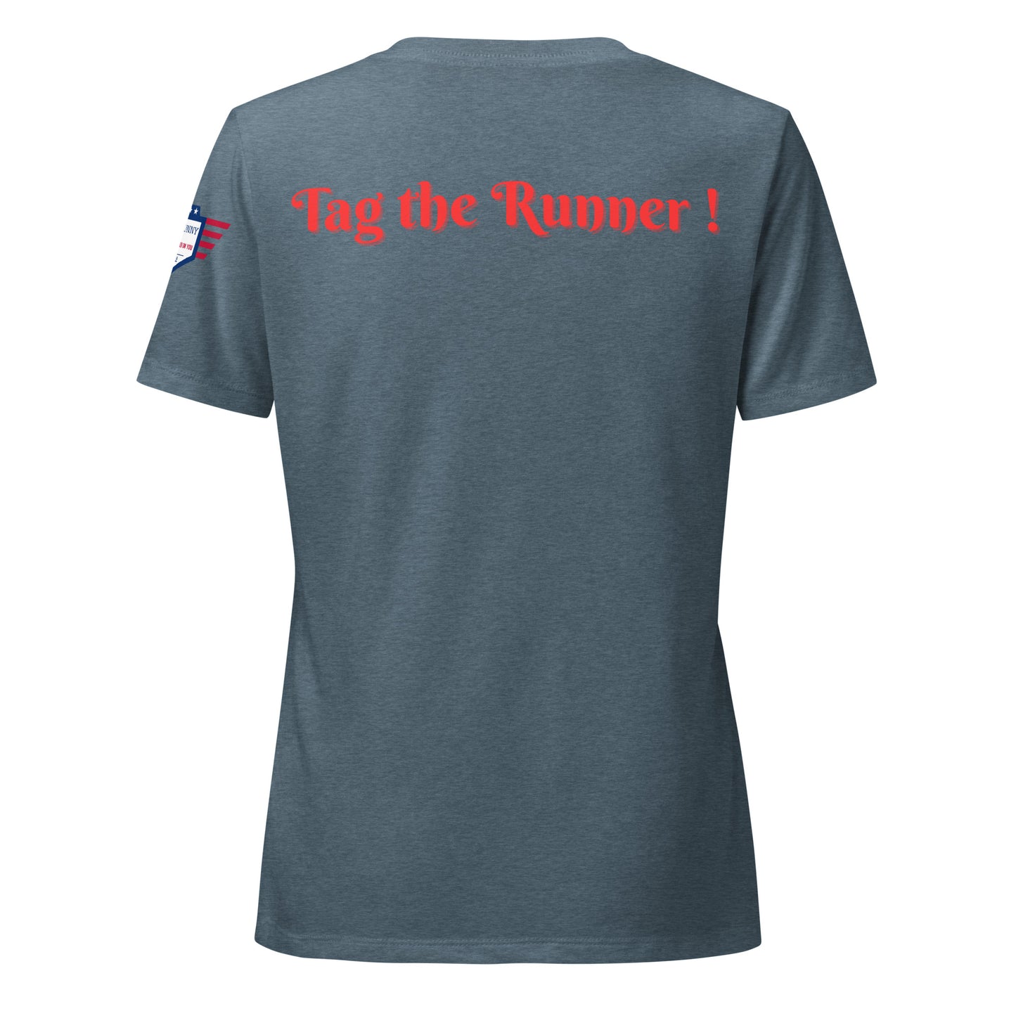Back view of heather slate v-neck t-shirt with bold red "Tag the Runner!" print