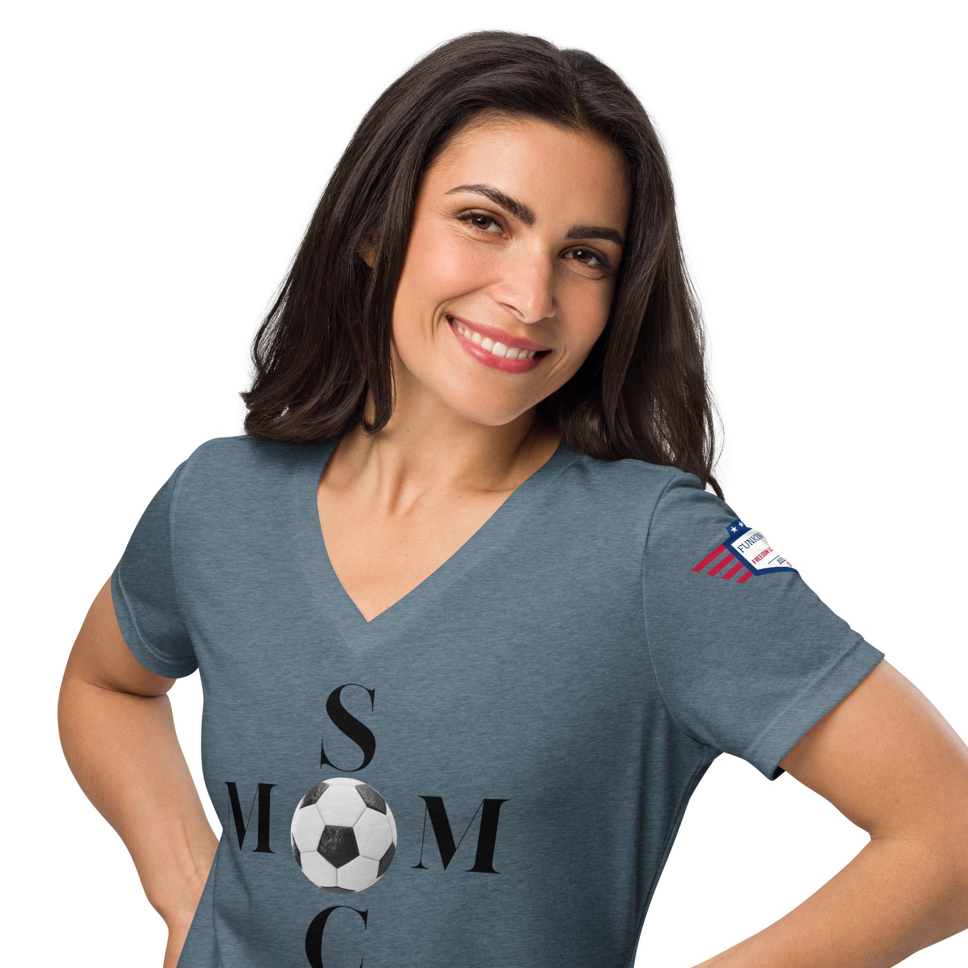 Smiling brunette model rocking heather slate 'Soccer Mom' v-neck tee front view