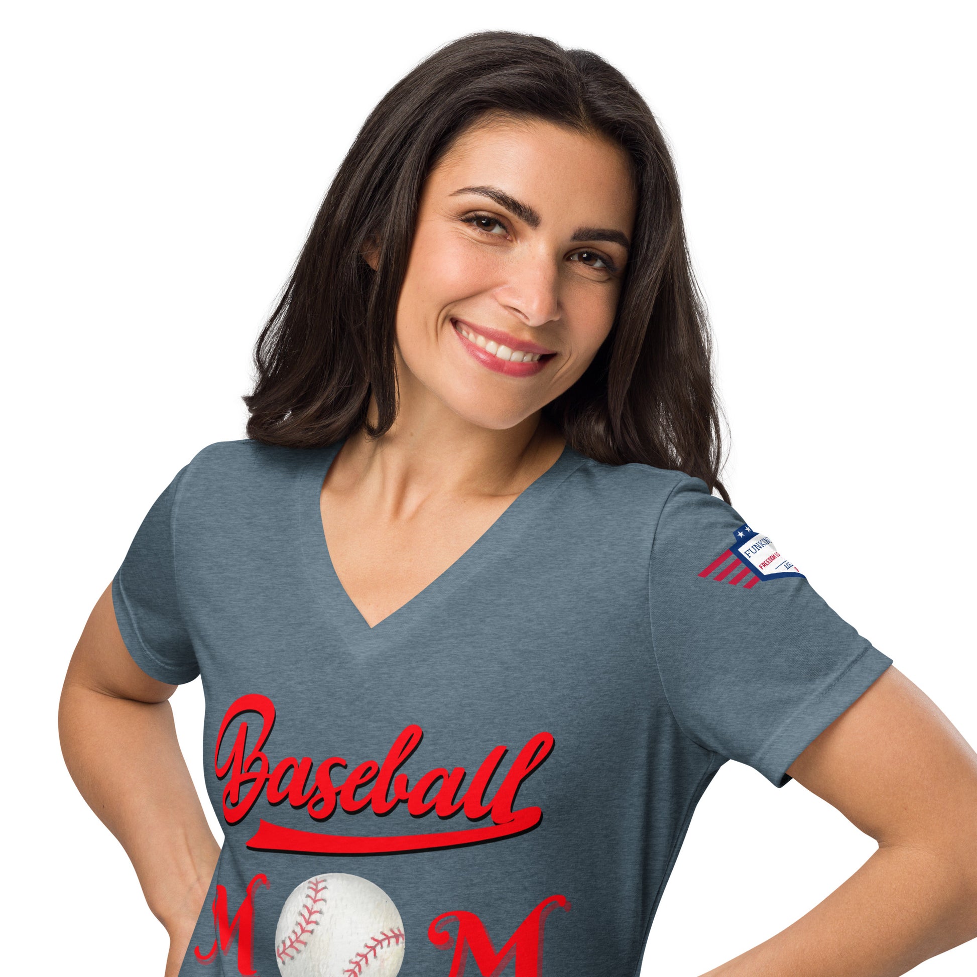 Front view of smiling model in white Baseball Mom v-neck tee, red arched print and baseball, flag on sleeve, relaxed pose