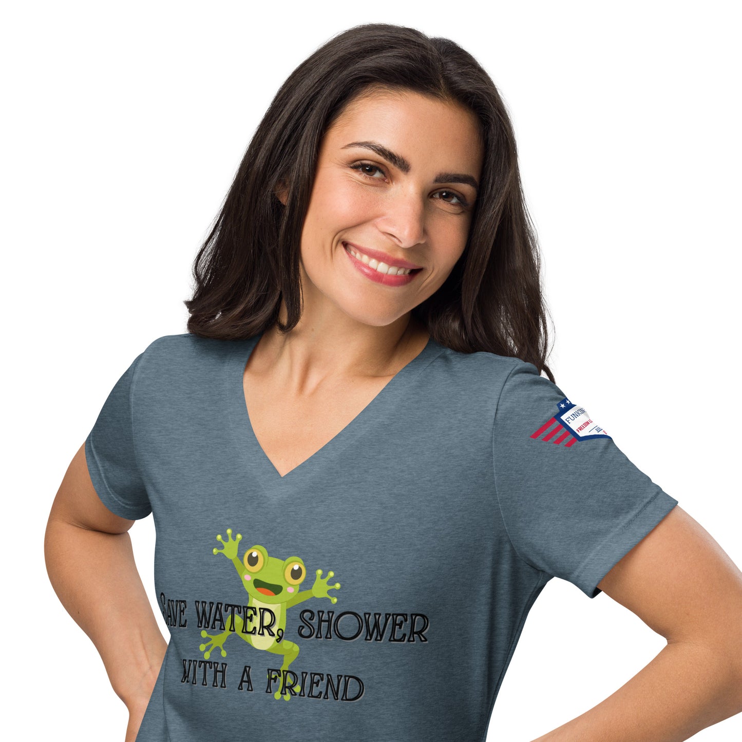 Smiling woman models front of heather navy v-neck tee with green frog and full "Save Water, Shower with a Friend" text