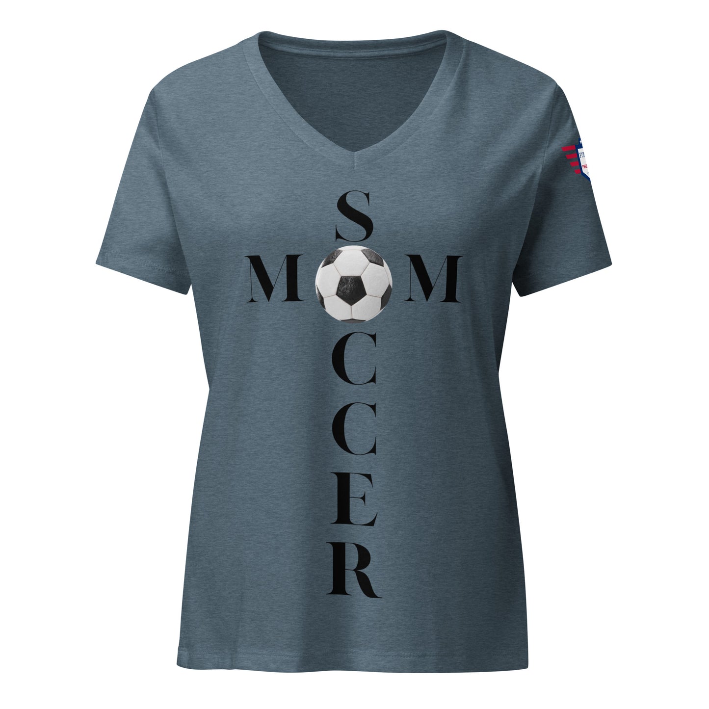 Front view of heather slate v-neck t-shirt with black 'Soccer Mom' cross graphic, soccer balls for O's