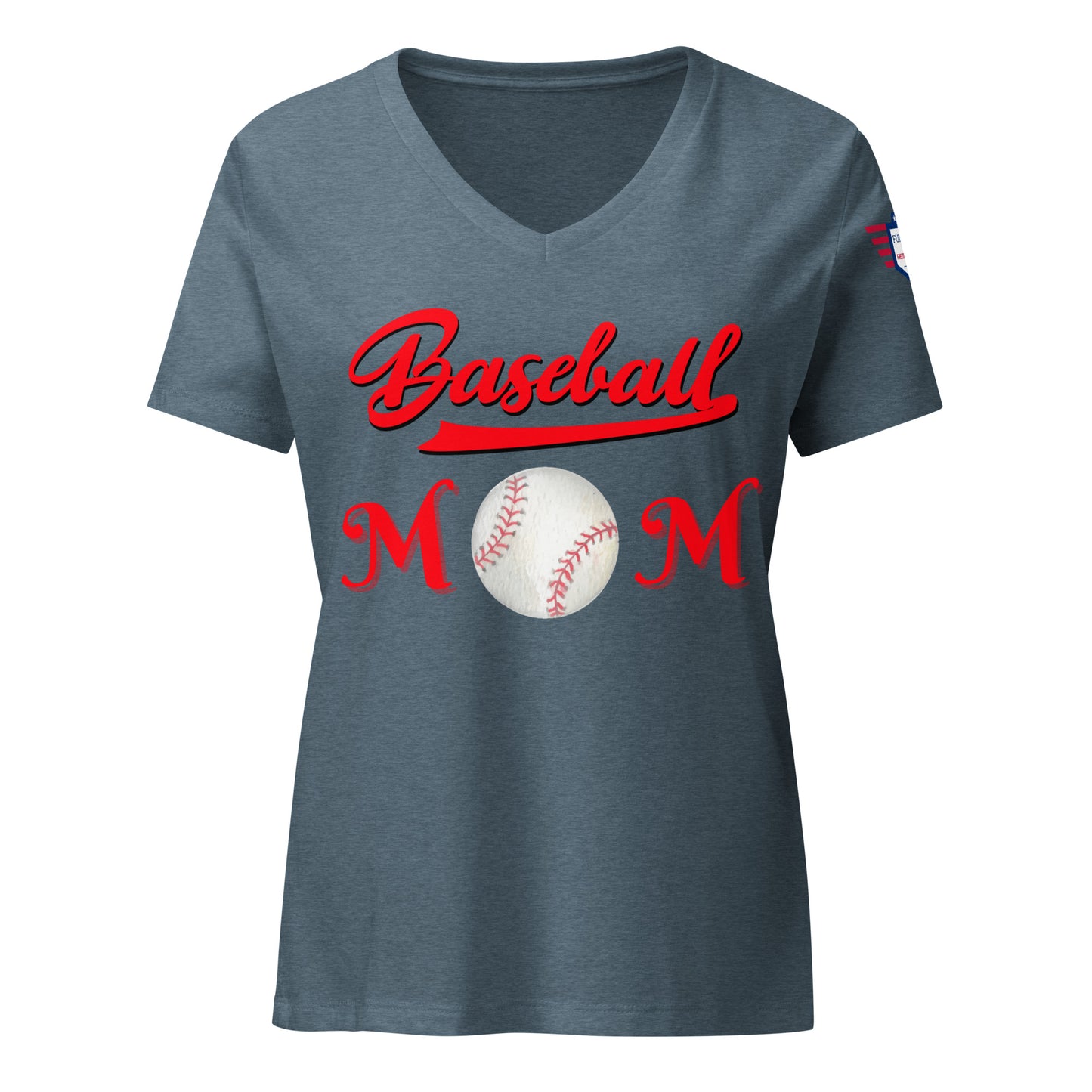 Front view of heather slate v-neck Baseball Mom t-shirt, red cursive lettering and baseball graphics