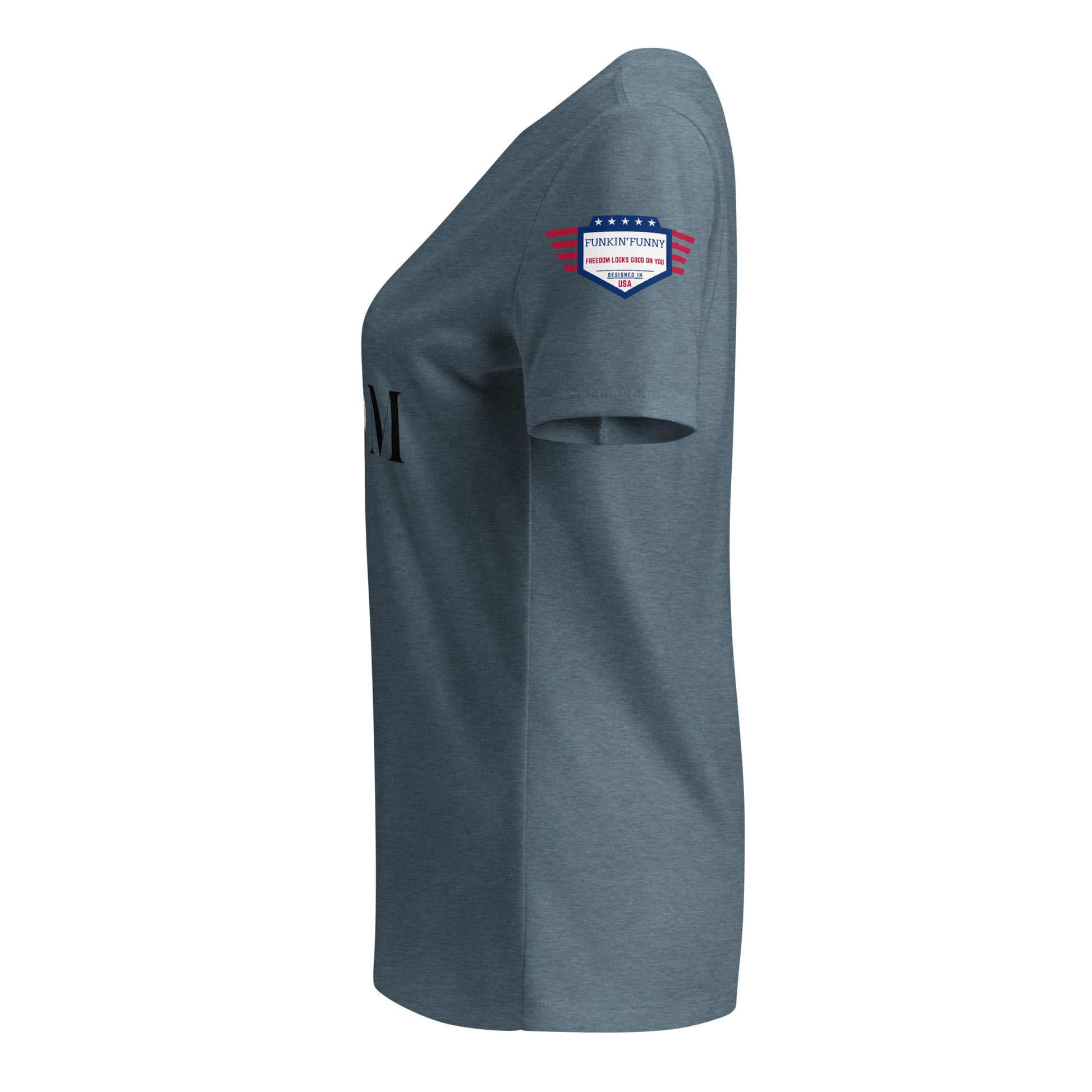 Right side view of heather slate v-neck t-shirt showing 'M' print and USA sleeve patch