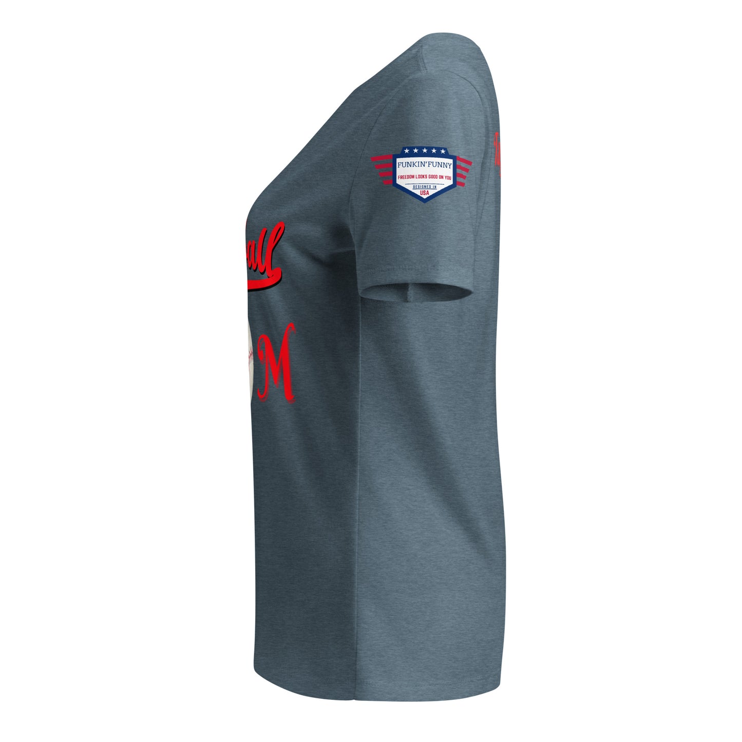 Right side view of heather slate v-neck t-shirt, partial red Baseball print, patriotic sleeve patch