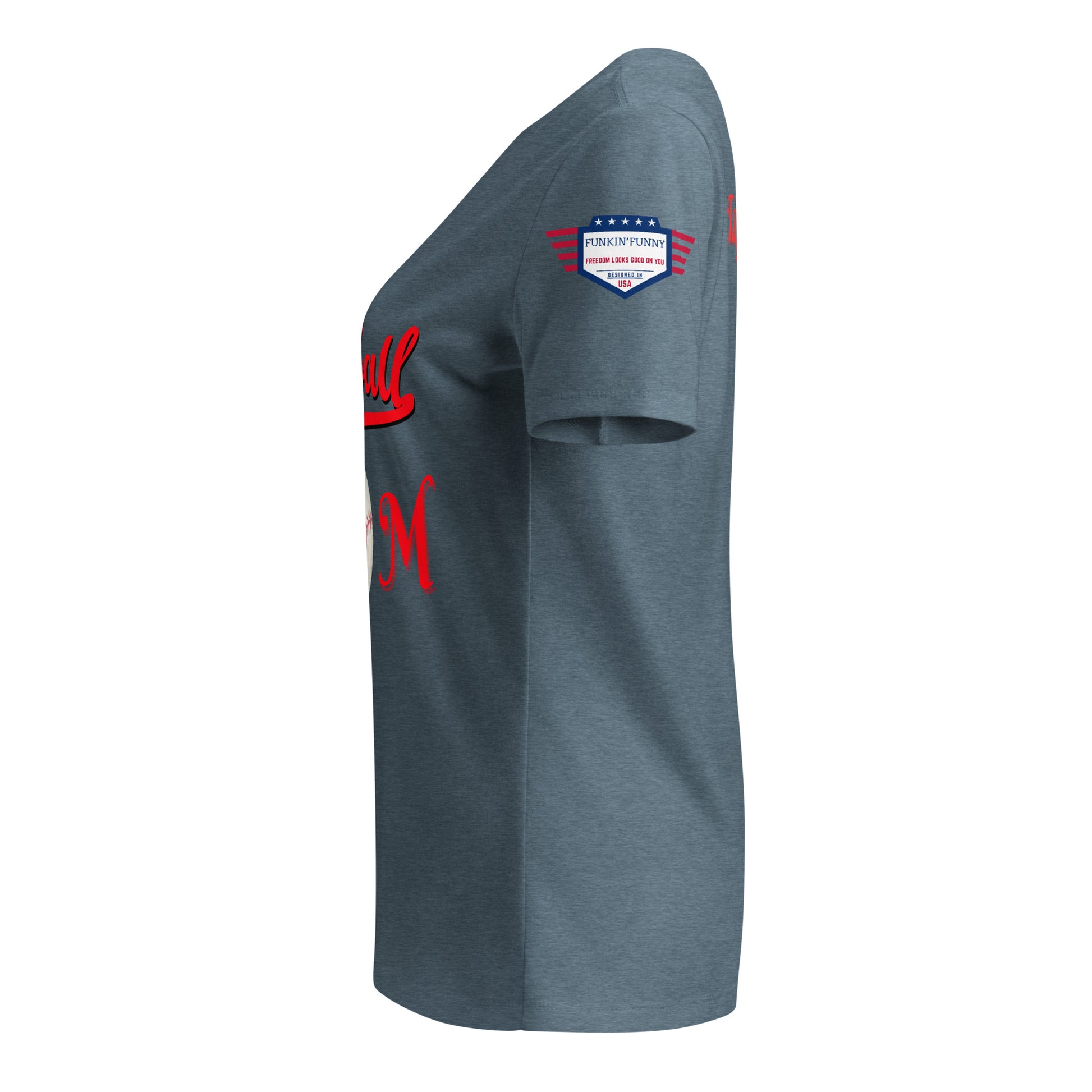 Right side view of heather slate v-neck t-shirt, partial red Baseball print, patriotic sleeve patch