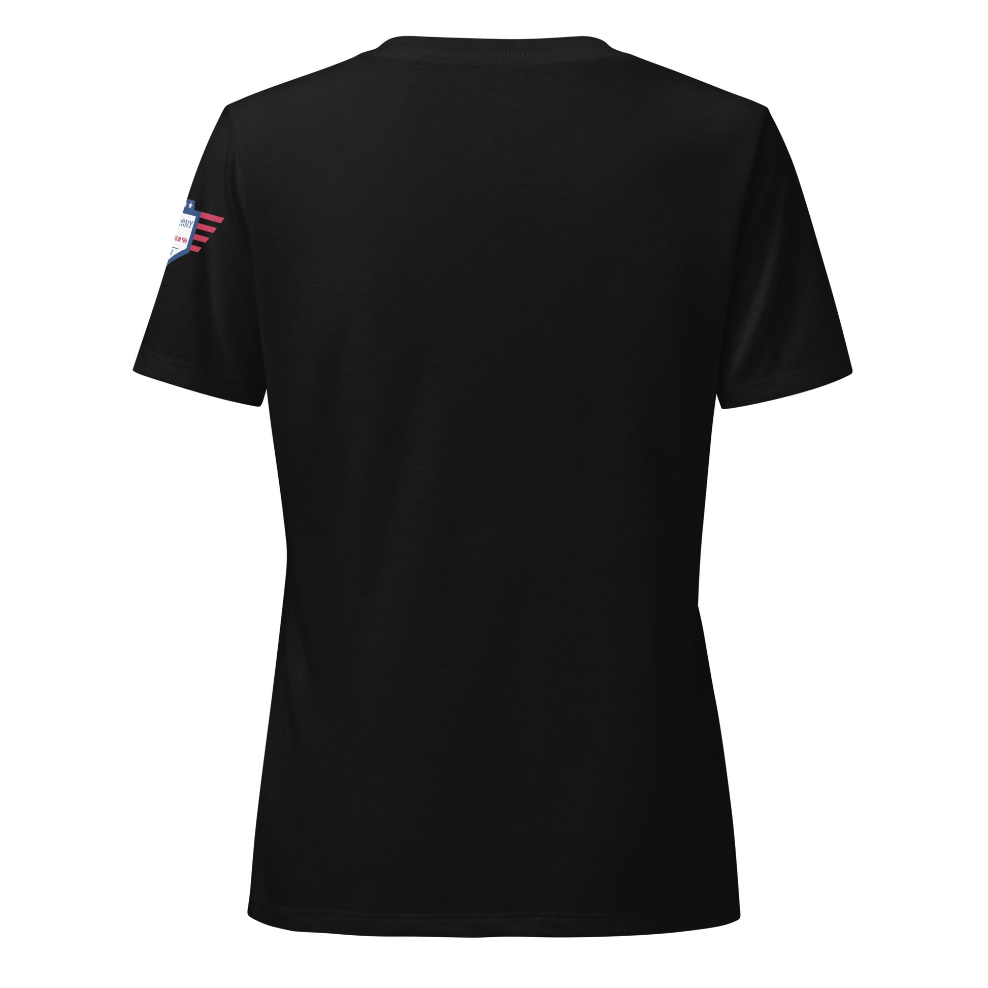 Back view of black v-neck tee on model, plain with red-white-blue sleeve patch