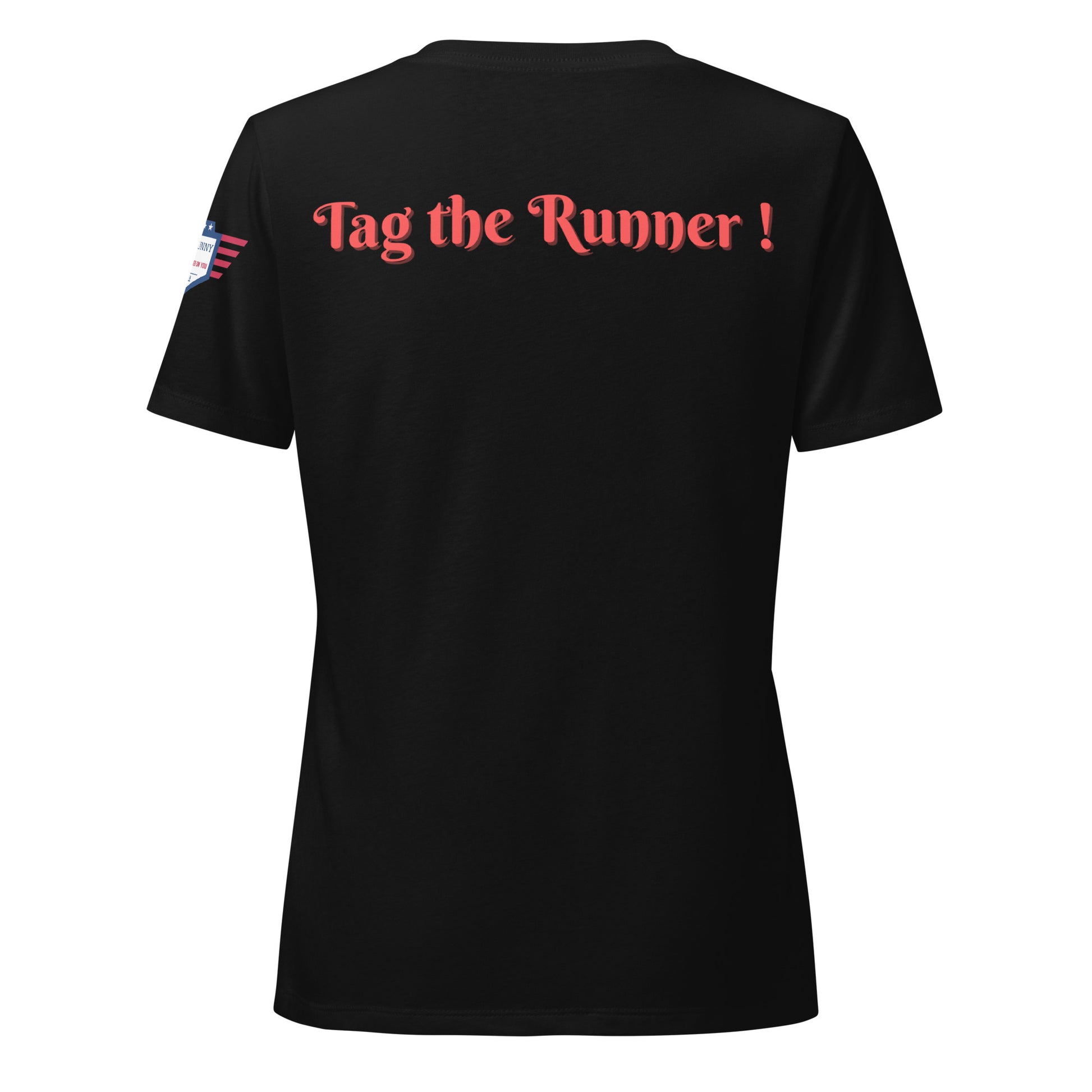 Back view of black v-neck tee boasting red "Tag the Runner!" in fun script, flag on sleeve
