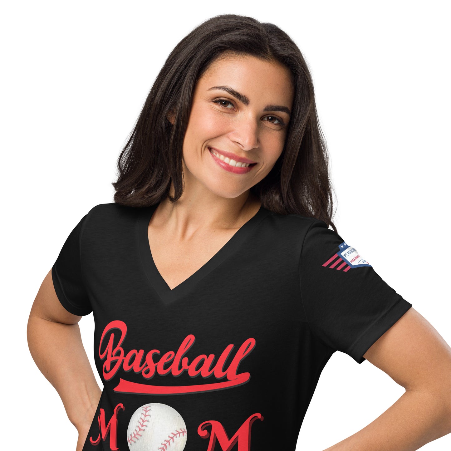 Smiling woman wearing mauve heather v-neck Baseball Mom tee, red cursive front print pops