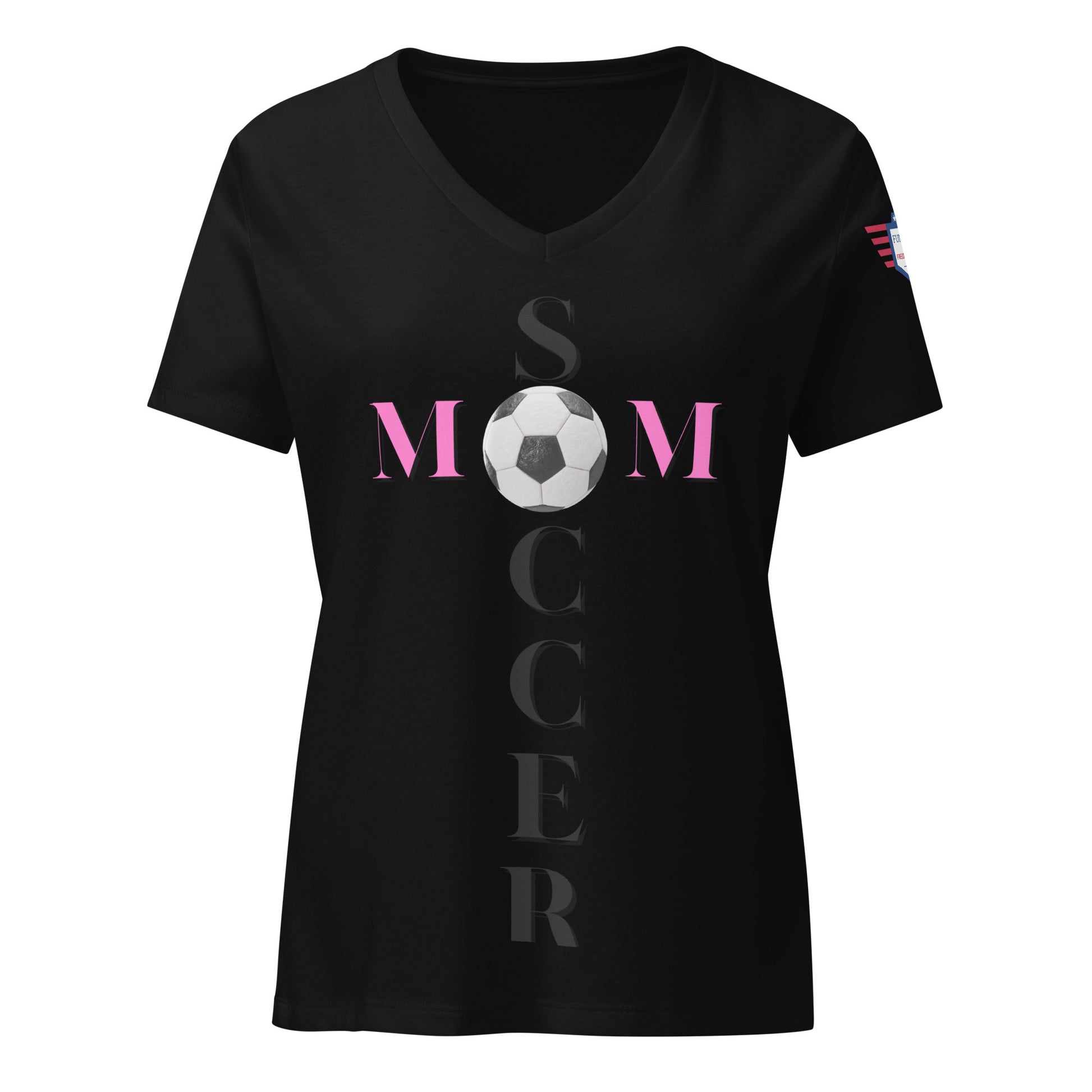 Front view of black v-neck tee on model, pink "SOCCER MOM" print with white soccer ball in MOM, USA sleeve patch