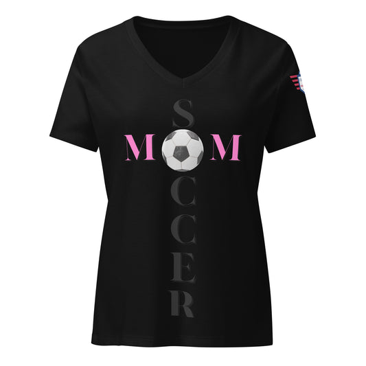 Front view of black v-neck tee on model, pink "SOCCER MOM" print with white soccer ball in MOM, USA sleeve patch