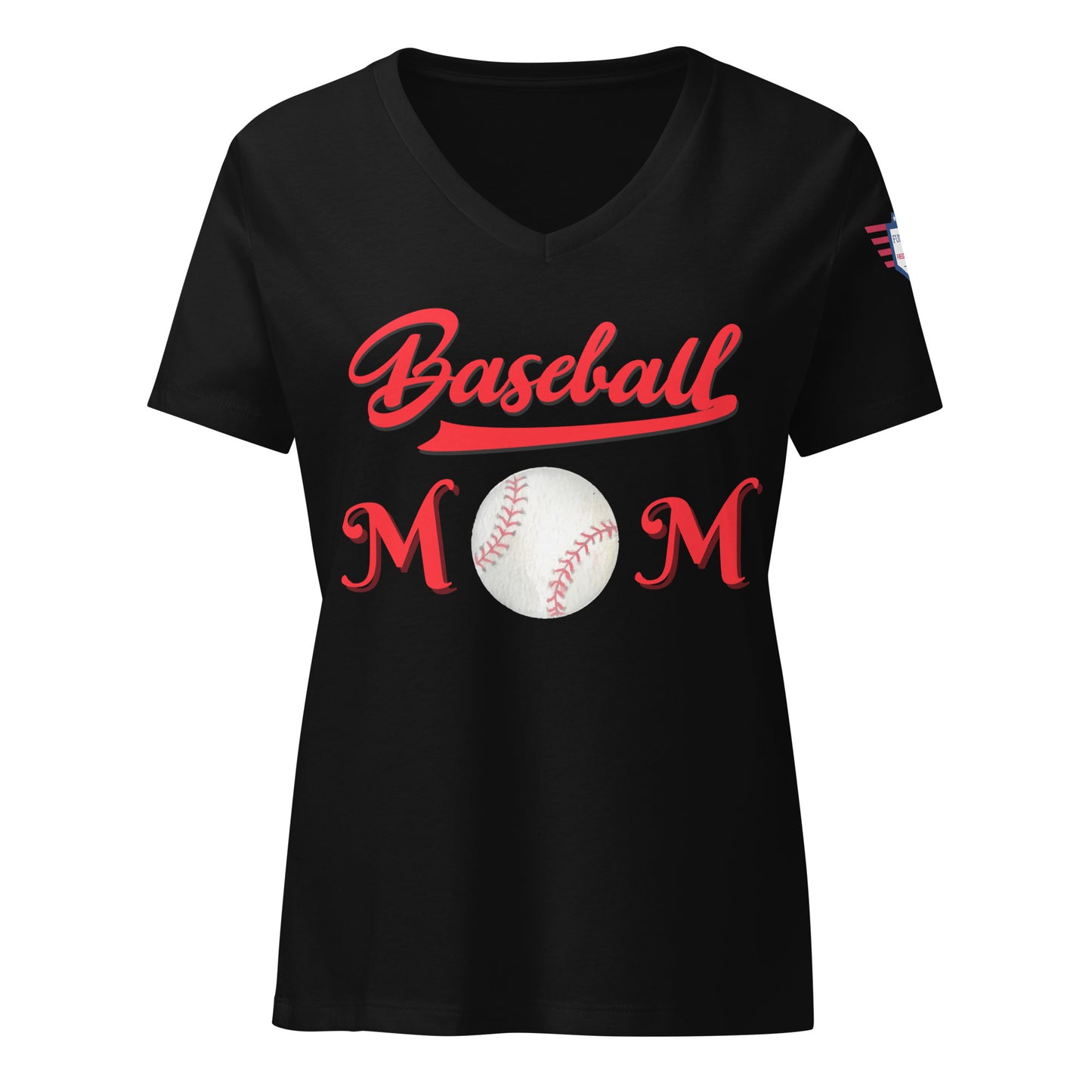 Front view of solid black Baseball Mom v-neck t-shirt, vibrant red script and baseball details