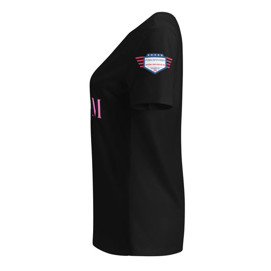 Right side view of black v-neck tee on model showing pink M and stars-stripes sleeve patch