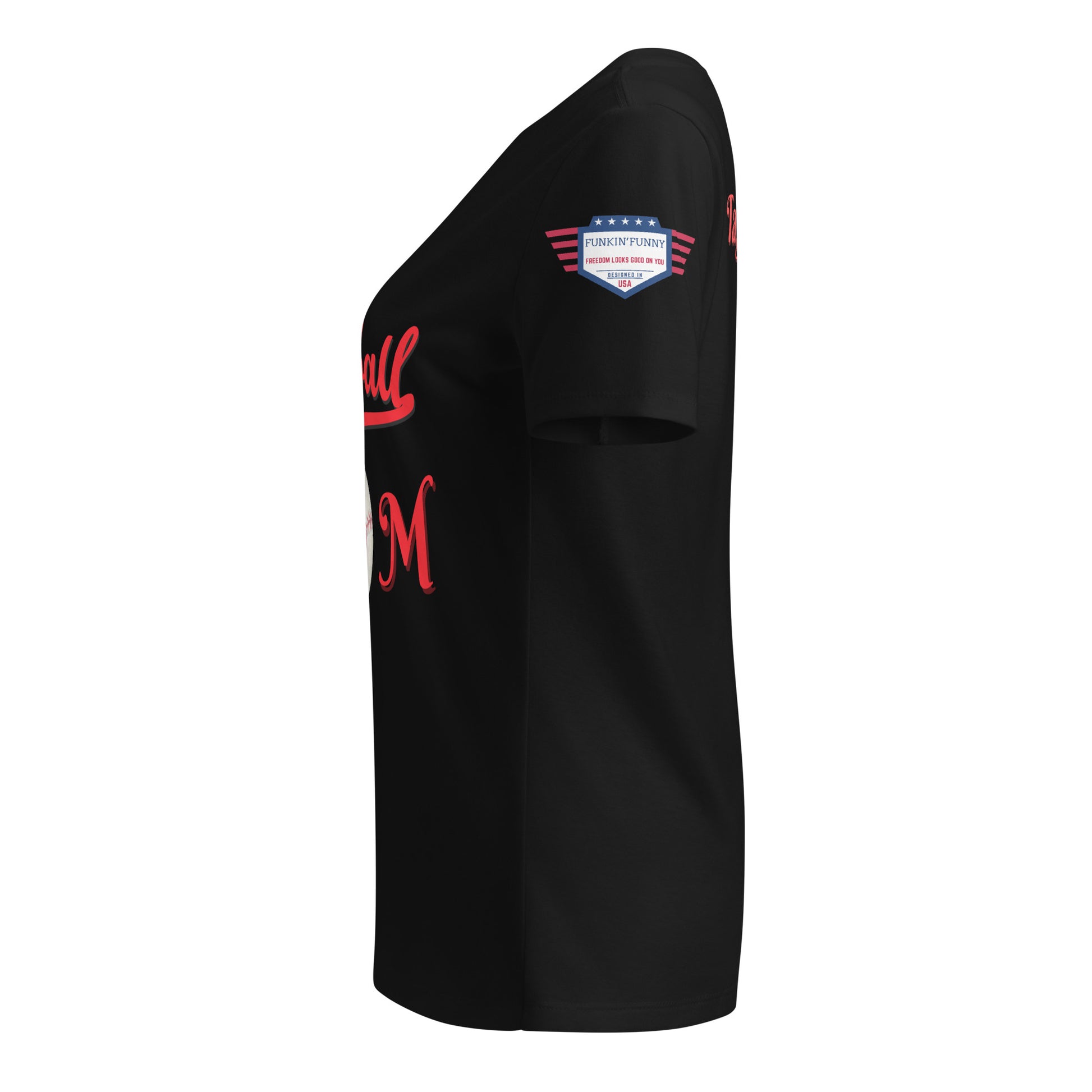 Right side view of black v-neck tee, stars-and-stripes sleeve patch peeking with red "ball" text