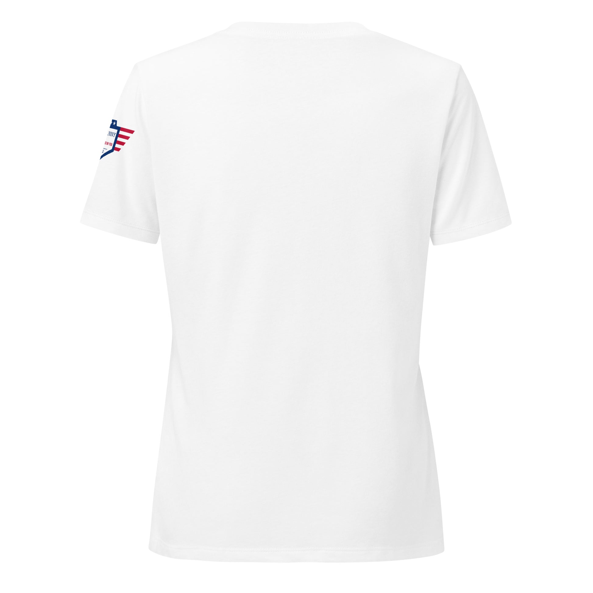 Back view of white v-neck t-shirt, plain with small USA flag patch on sleeve