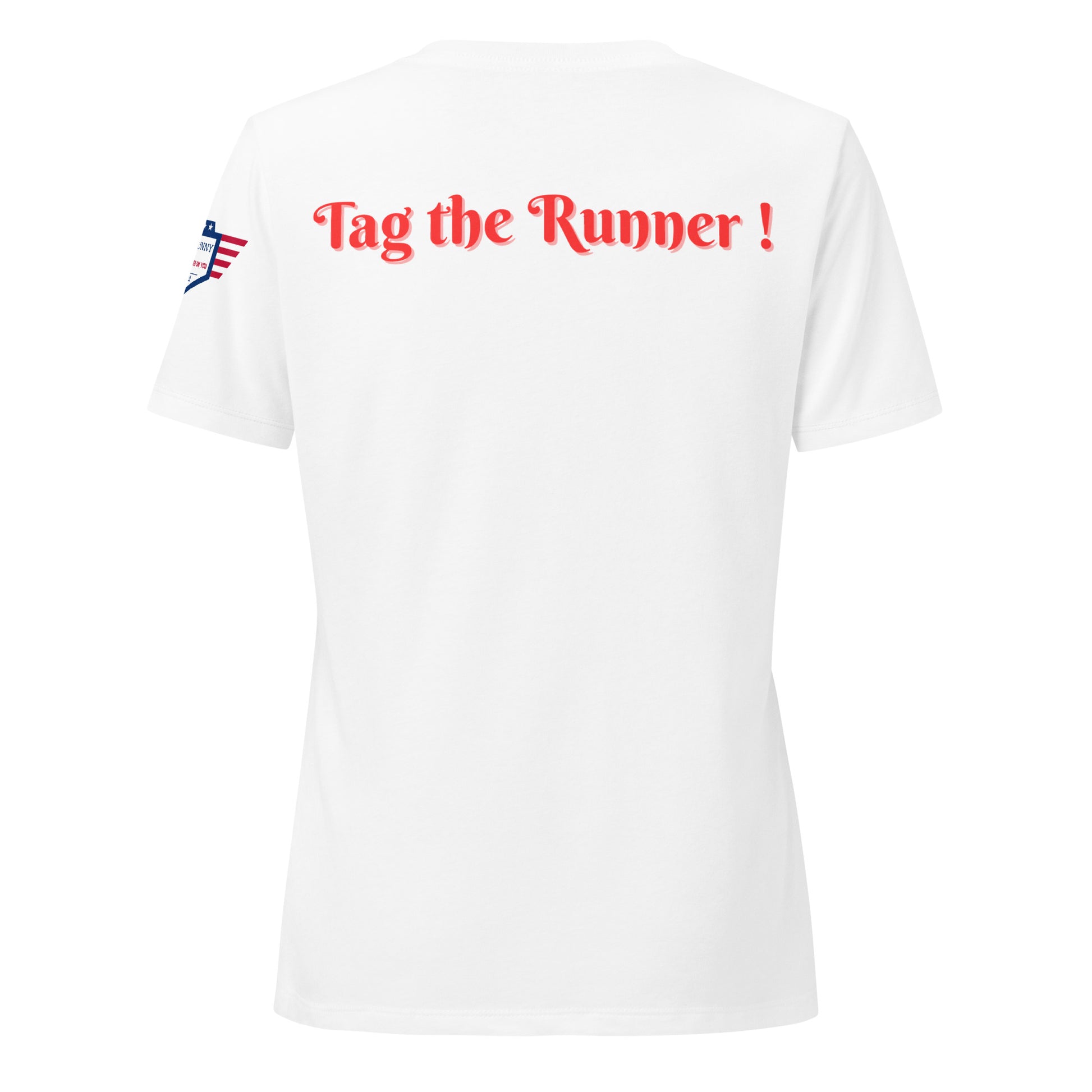 Back view of white v-neck t-shirt with red "Tag the Runner!" text and sleeve patch