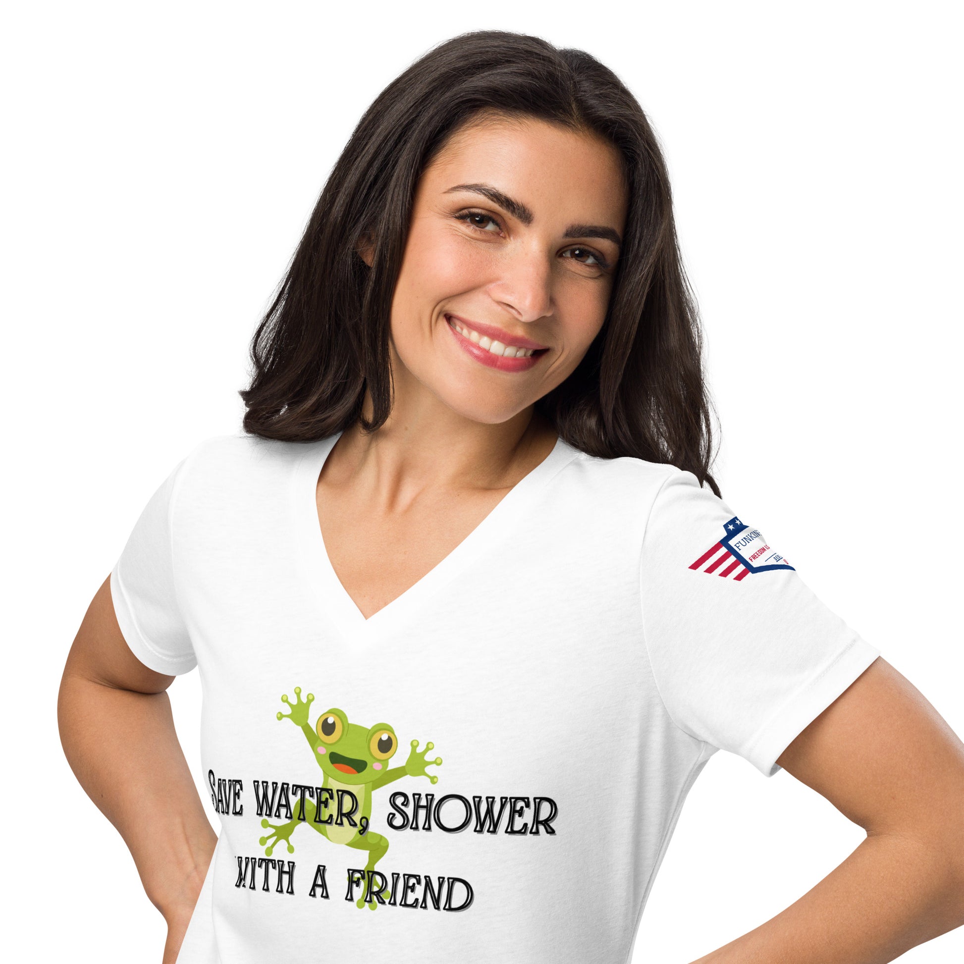 Smiling woman models front of white v-neck tee with green frog and full "Save Water, Shower with a Friend" text