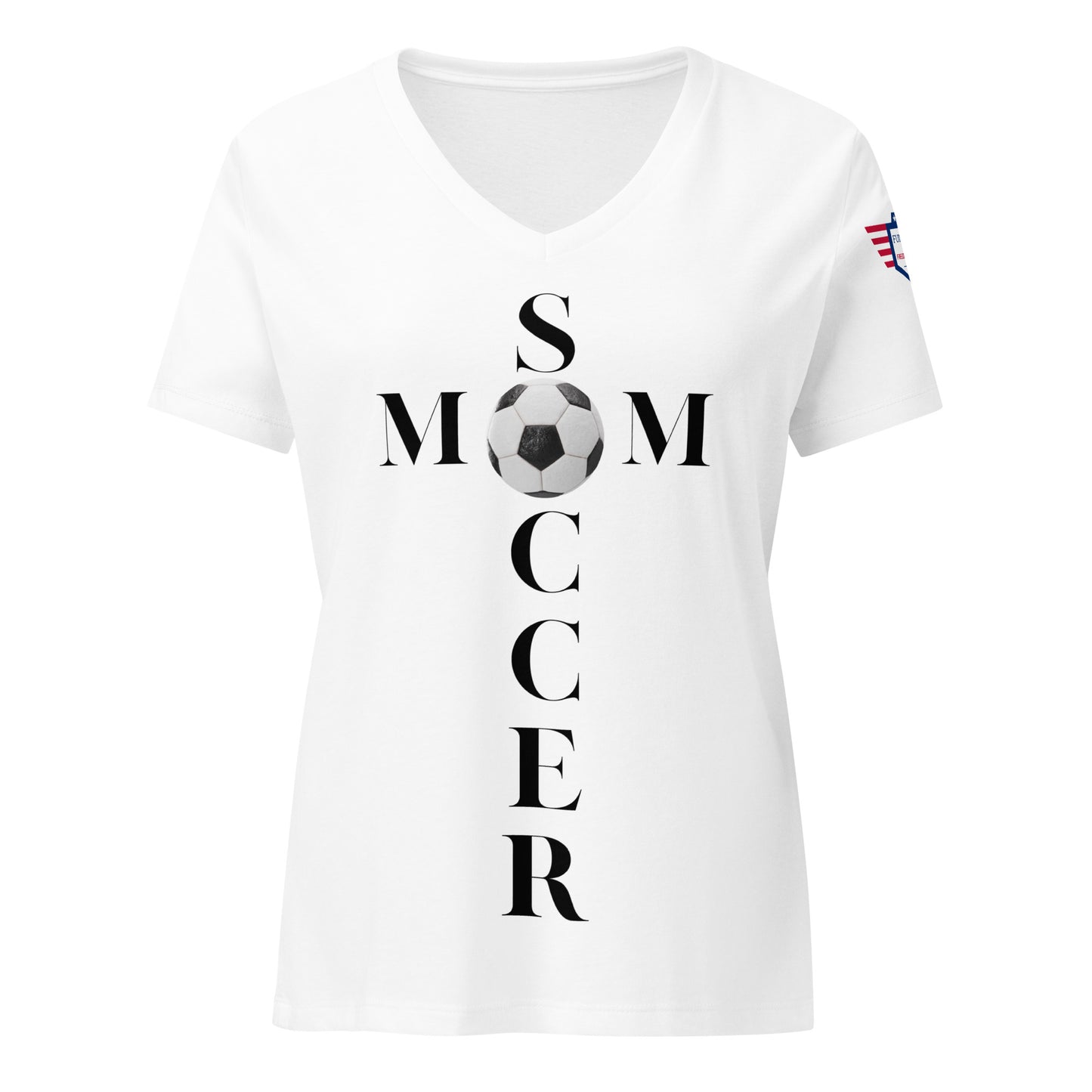 Front view of white v-neck t-shirt with black 'Soccer Mom' cross graphic, soccer balls for O's