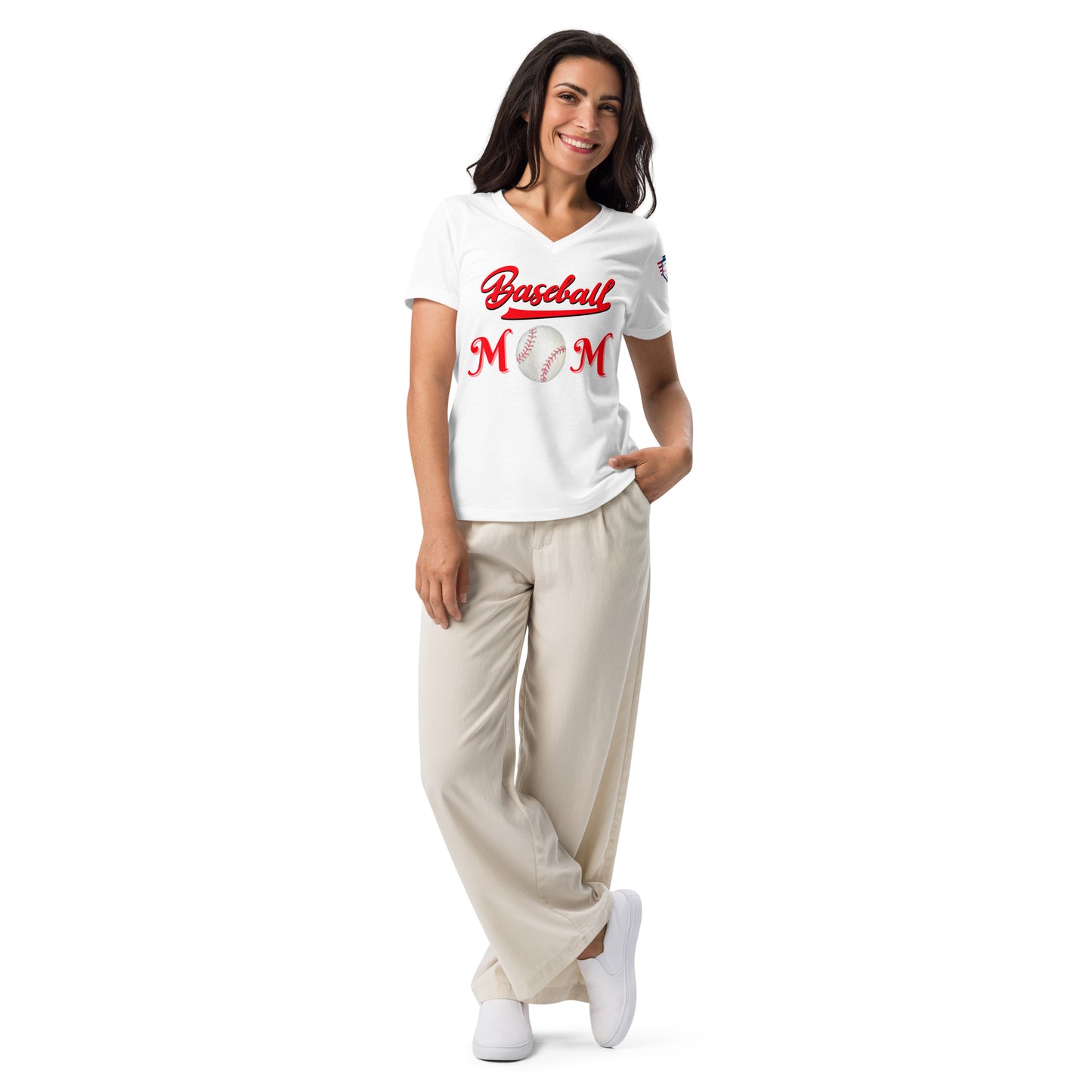 Model rocking slate gray v-neck Baseball Mom tee, bold red "Baseball Mom" with baseball, flag patch, hands on hips