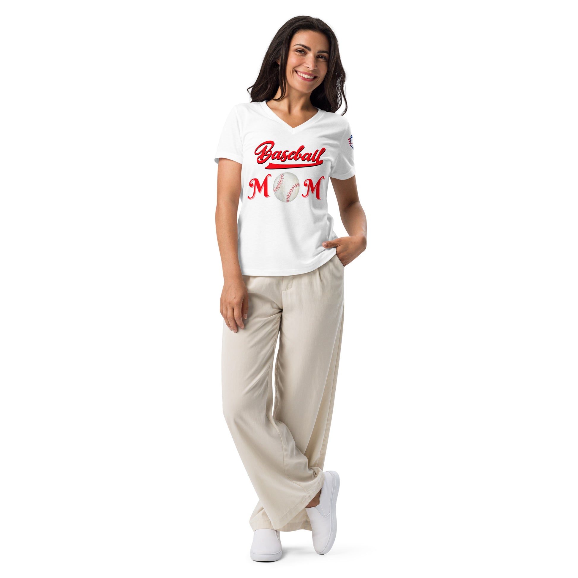 Model rocking slate gray v-neck Baseball Mom tee, bold red "Baseball Mom" with baseball, flag patch, hands on hips