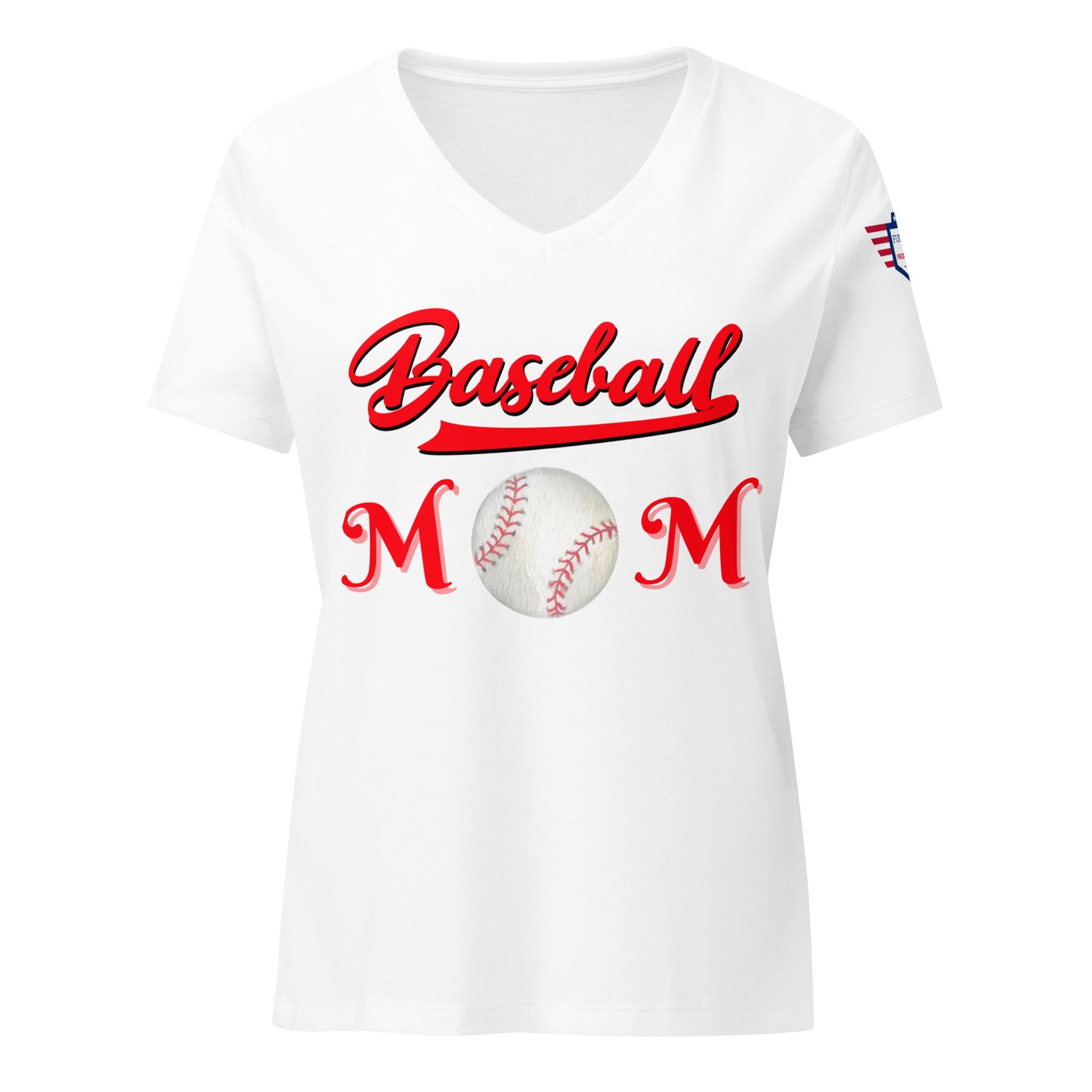 Front view of white v-neck Baseball Mom t-shirt with red cursive "Baseball" swoosh, baseball "Mom" print