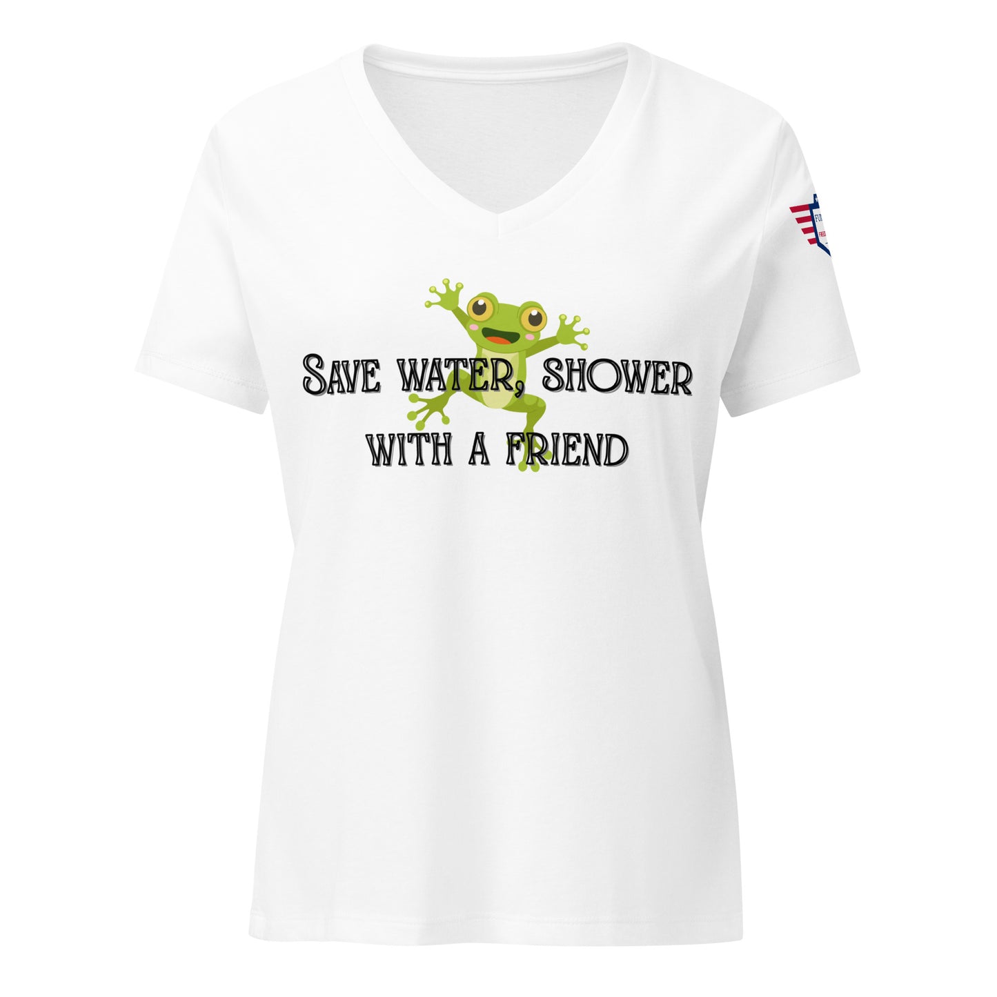 Front view of white v-neck tee with green waving frog and black "Save Water, Shower with a Friend" text