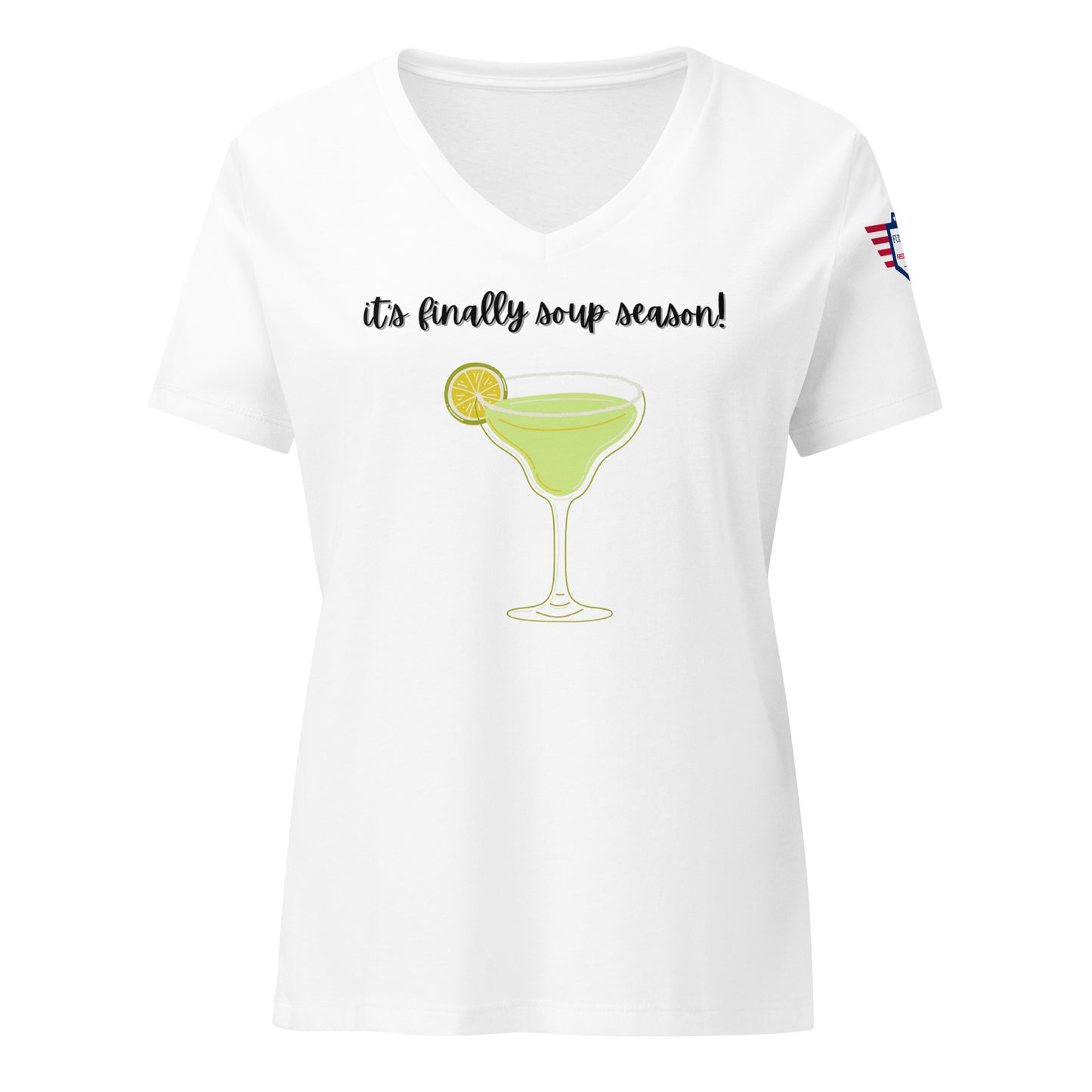 Solid white relaxed v-neck tee front with black "it's finally soup season!" cursive and lime margarita print