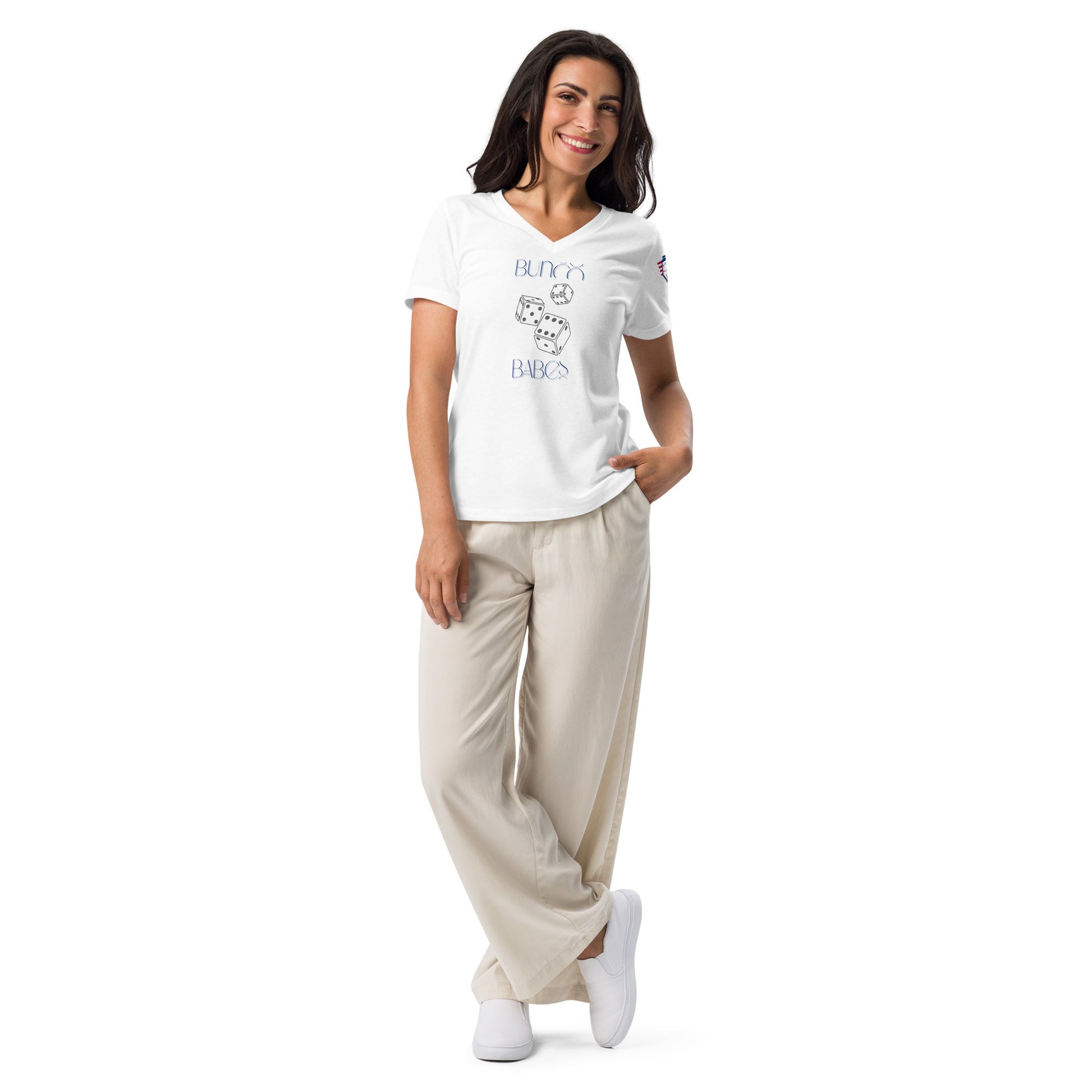 Front view of smiling model in white Bunco Babes v-neck tee, navy arched "Bunco Babes" text with paw prints