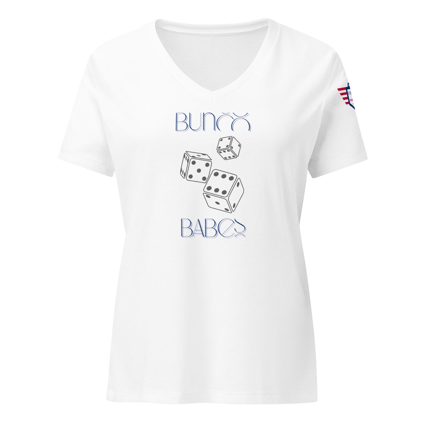 Right side view of white v-neck t-shirt showing star-spangled sleeve patch