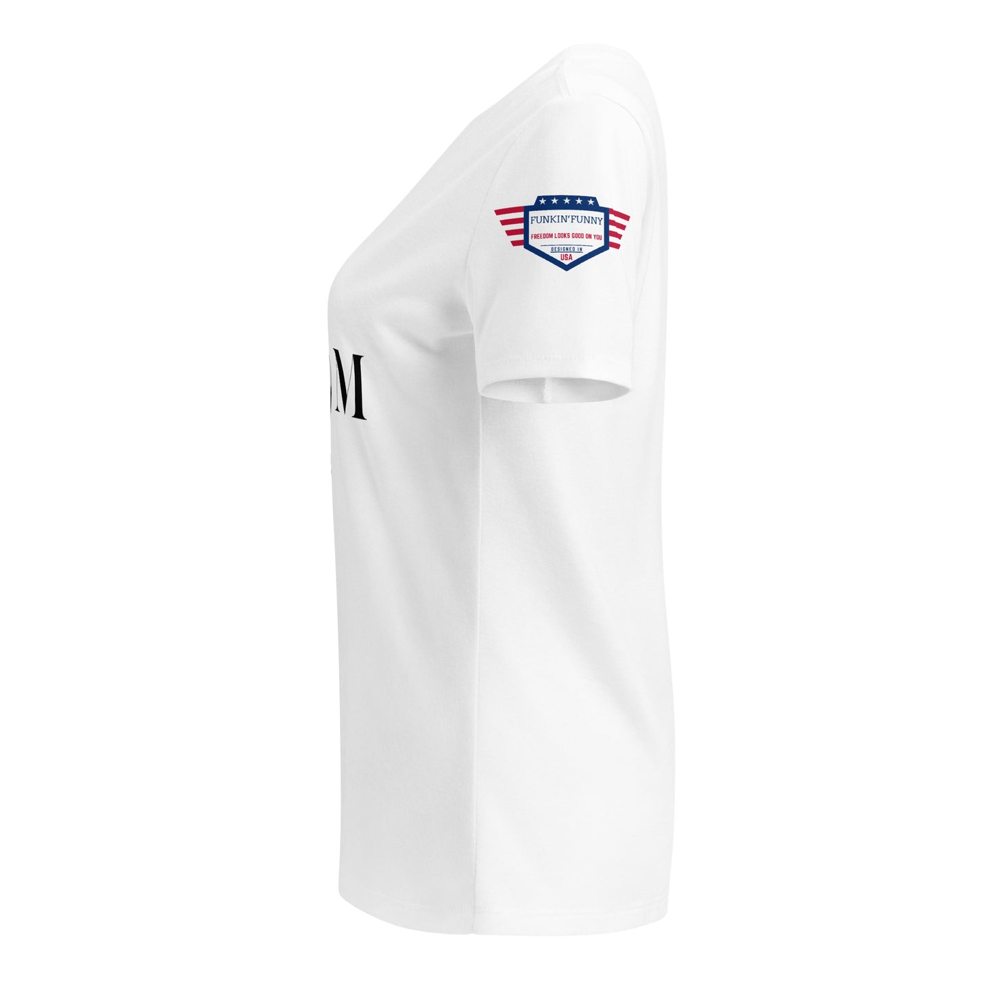 Right side view of white v-neck t-shirt showing V-neck, 'M' print, and red-white-blue USA sleeve patch