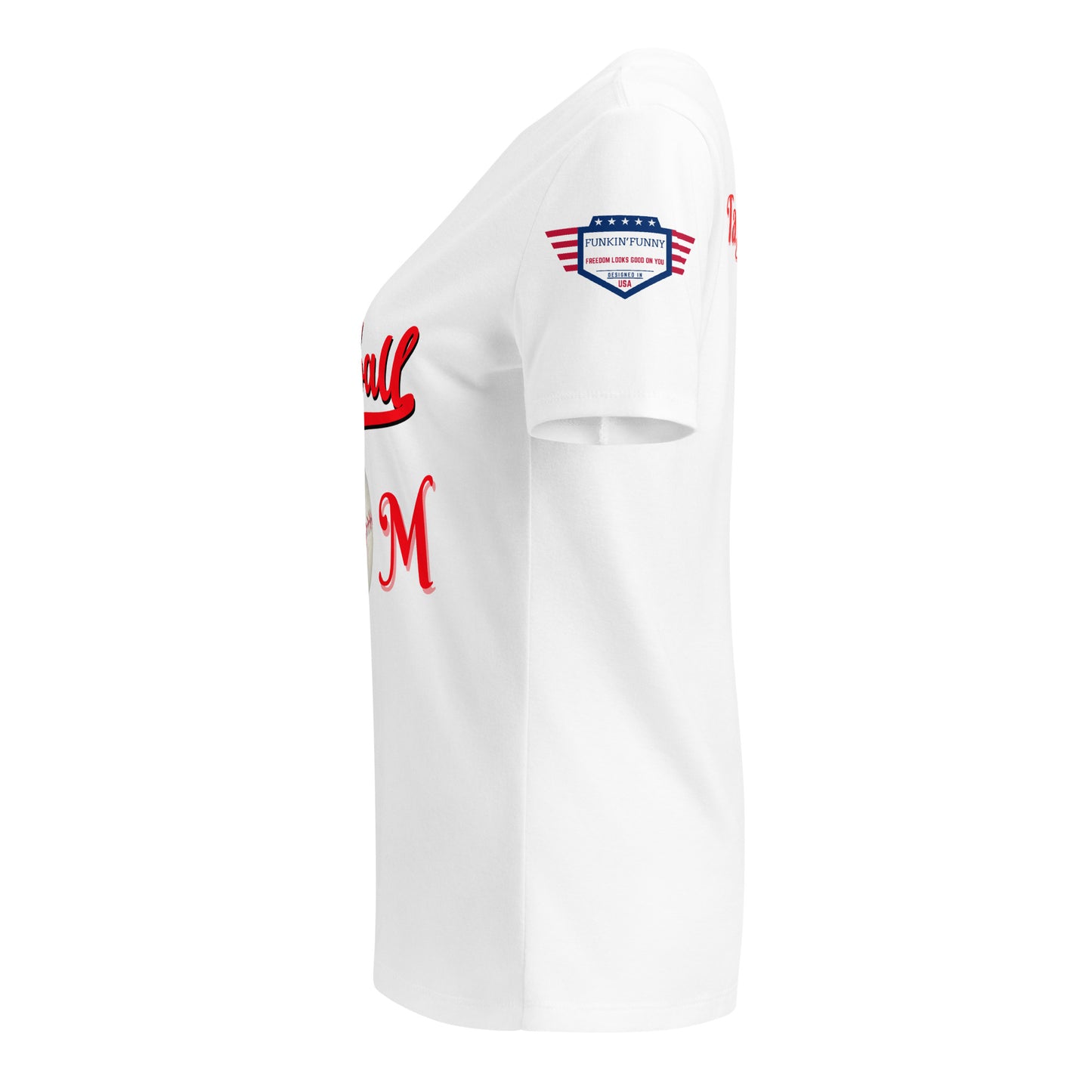 Right side view of white v-neck t-shirt showing partial red Baseball Mom design, red-white-blue sleeve patch