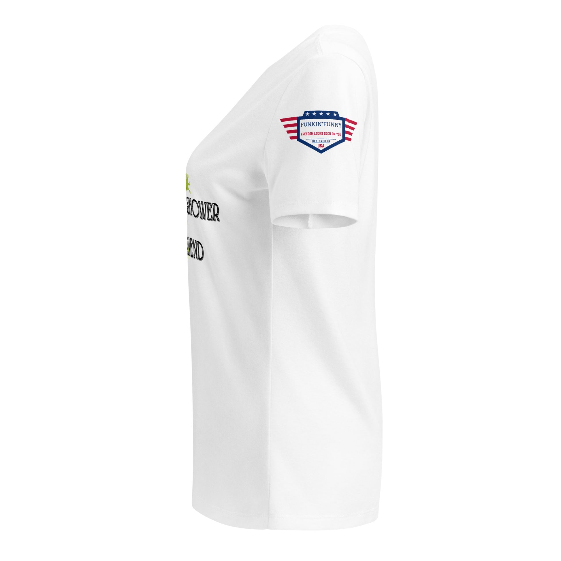 Right side view of white v-neck tee showing partial "Shower with a Friend" text and USA sleeve patch