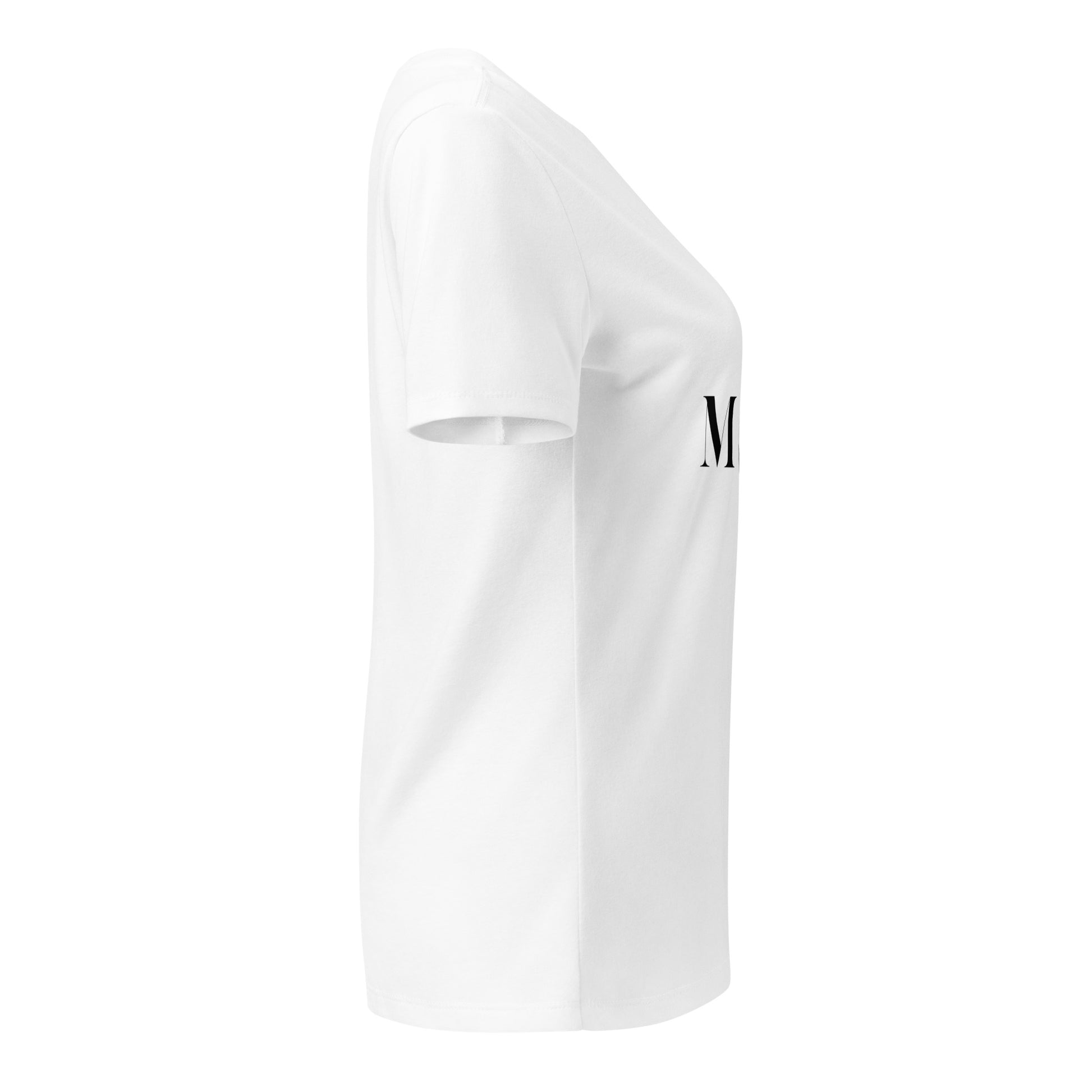 Left side view of white v-neck t-shirt with subtle 'M' print and relaxed short sleeve