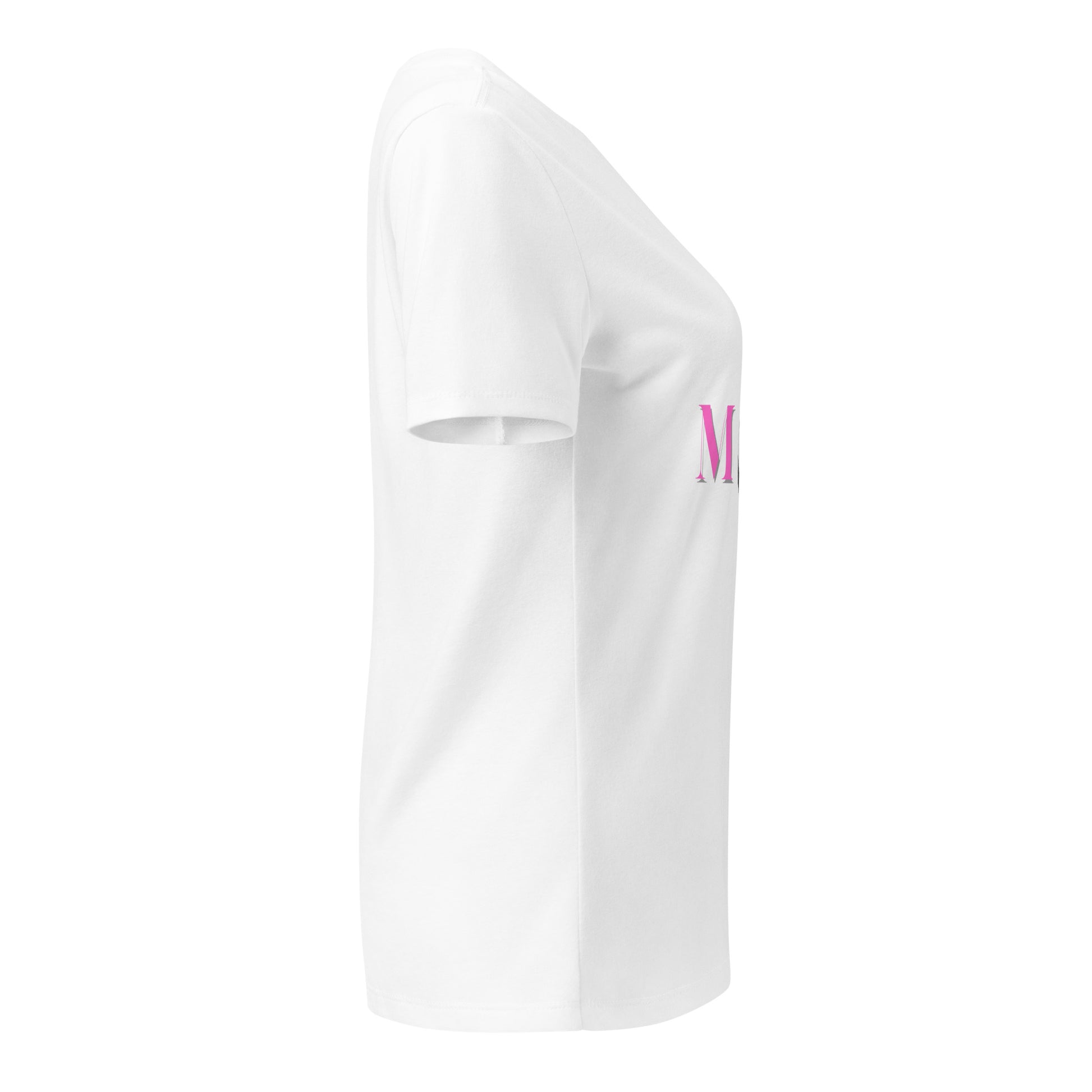 Side profile of white v-neck tee on model, subtle pink M detail