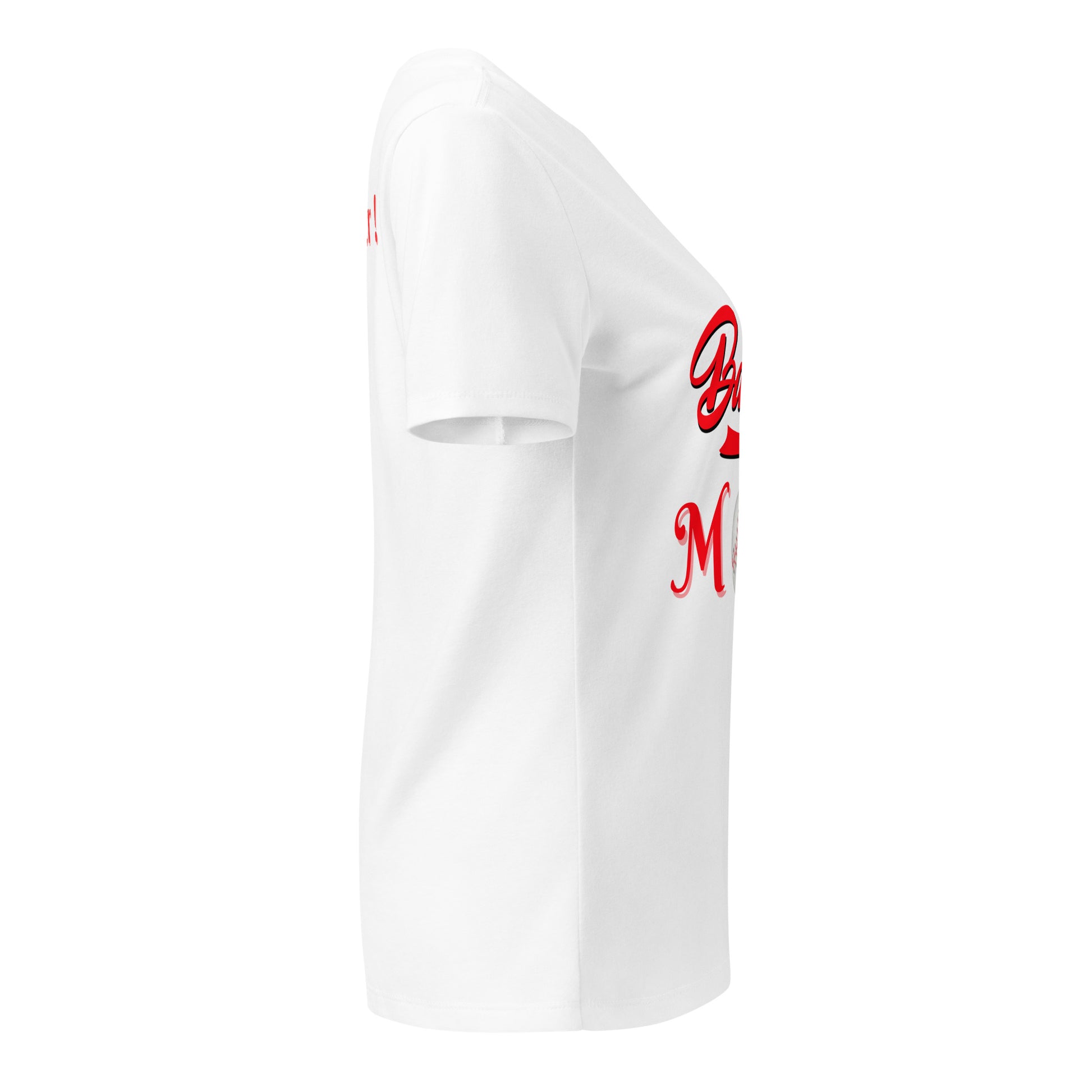Left side view of white v-neck t-shirt with edge of red "Baseball Mom" print visible