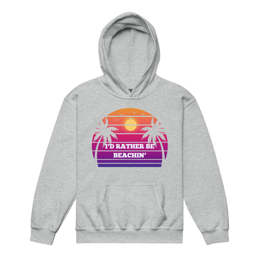 Front view of heather gray youth hoodie showing "I’d rather be beachin’" vibrant beach graphic