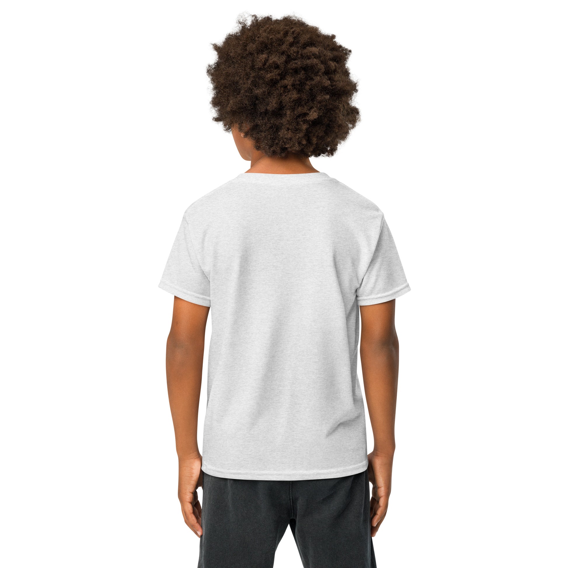 Back view plain off-white youth t-shirt on kid model, hands behind