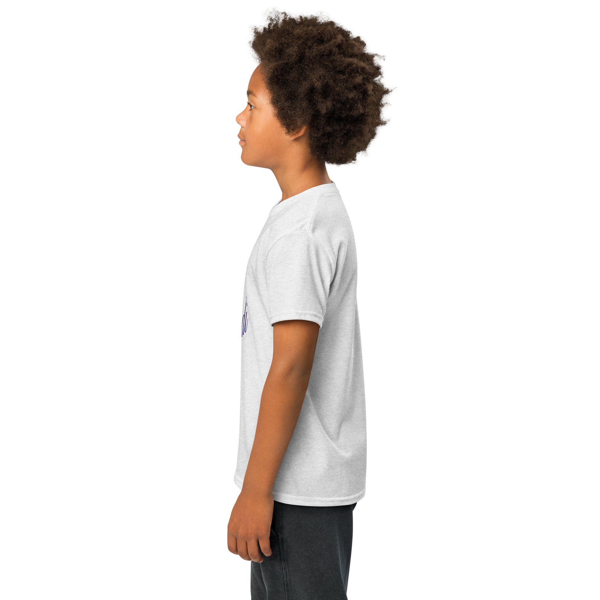 Left side profile of off-white youth t-shirt on young model, no print visible