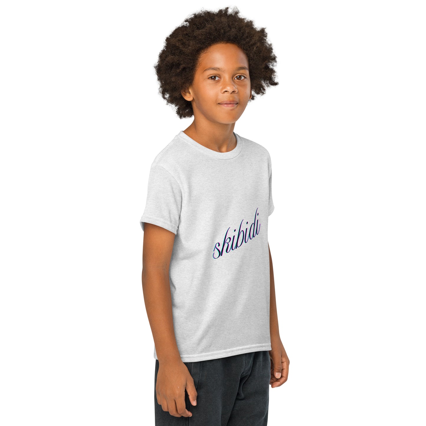 Frontish view navy cursive "skibidi" on off-white youth t-shirt, playful kid pose