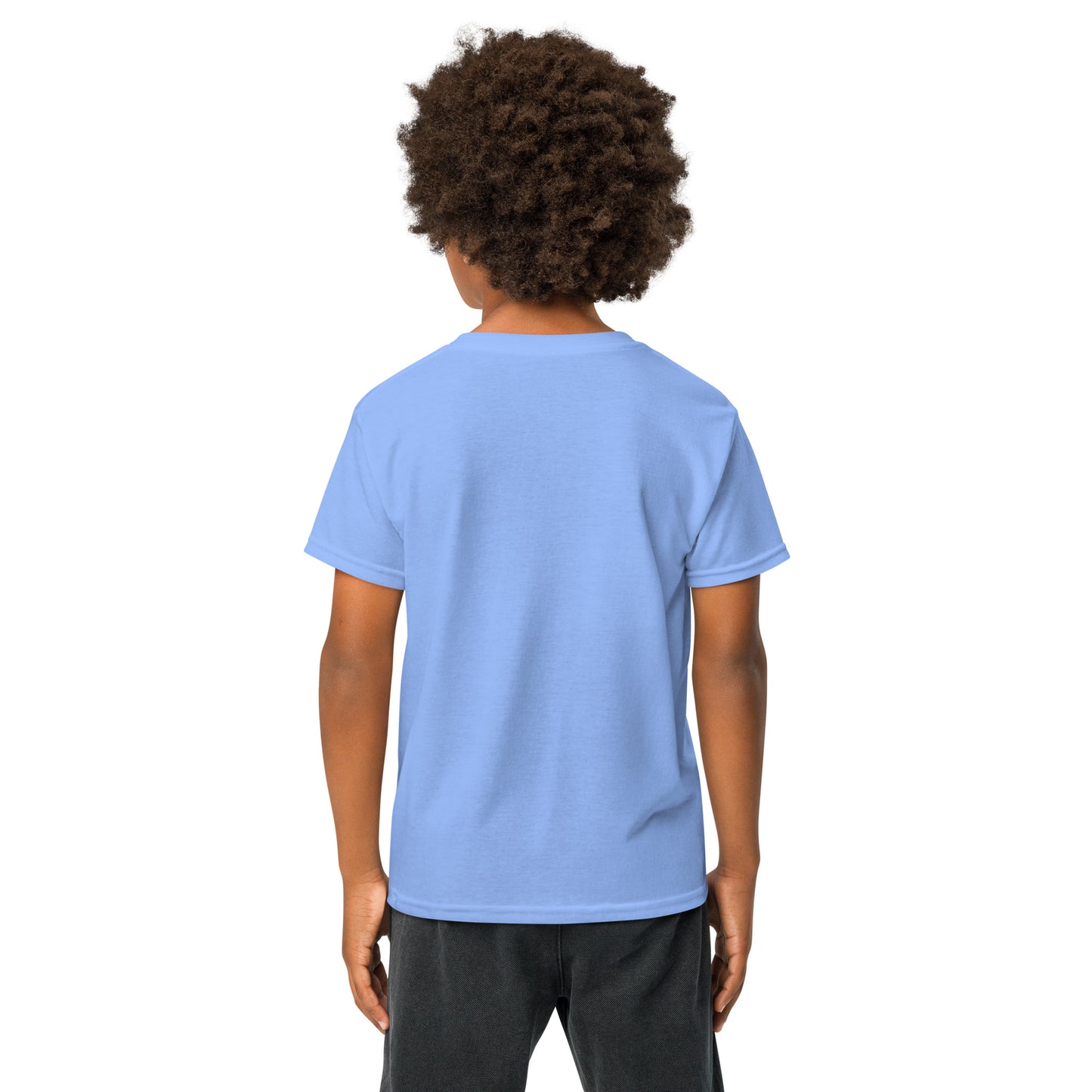 Kid posing in Carolina blue youth Delulu tee, showing gray face with arched pink "DELU" from angled front