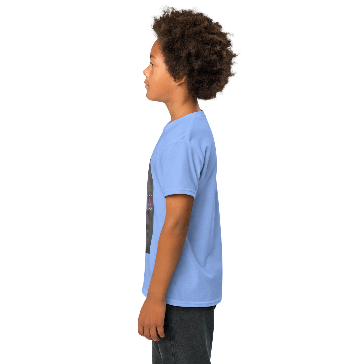 Left side profile of kid in Carolina blue Delulu youth tee, partial gray face design peeking out
