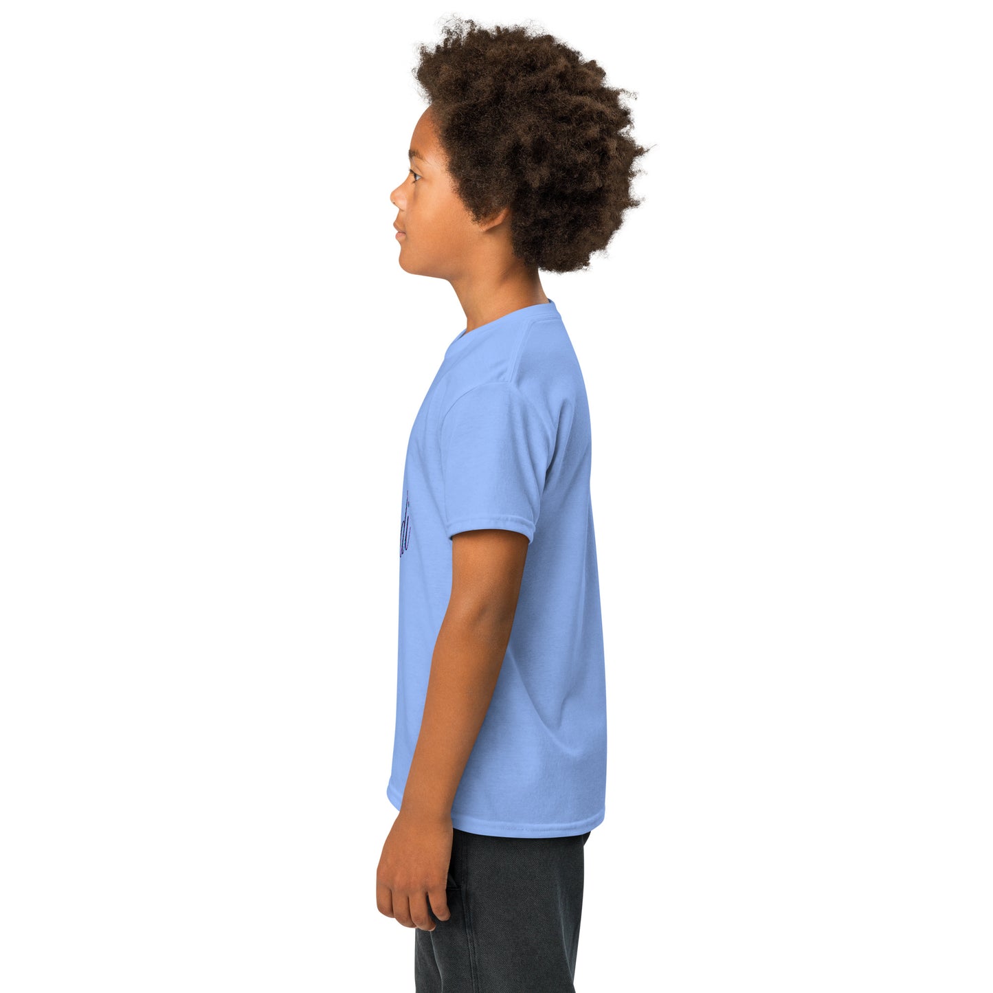 Side profile of smiling kid in Carolina blue skibidi youth t-shirt, subtle navy text peek